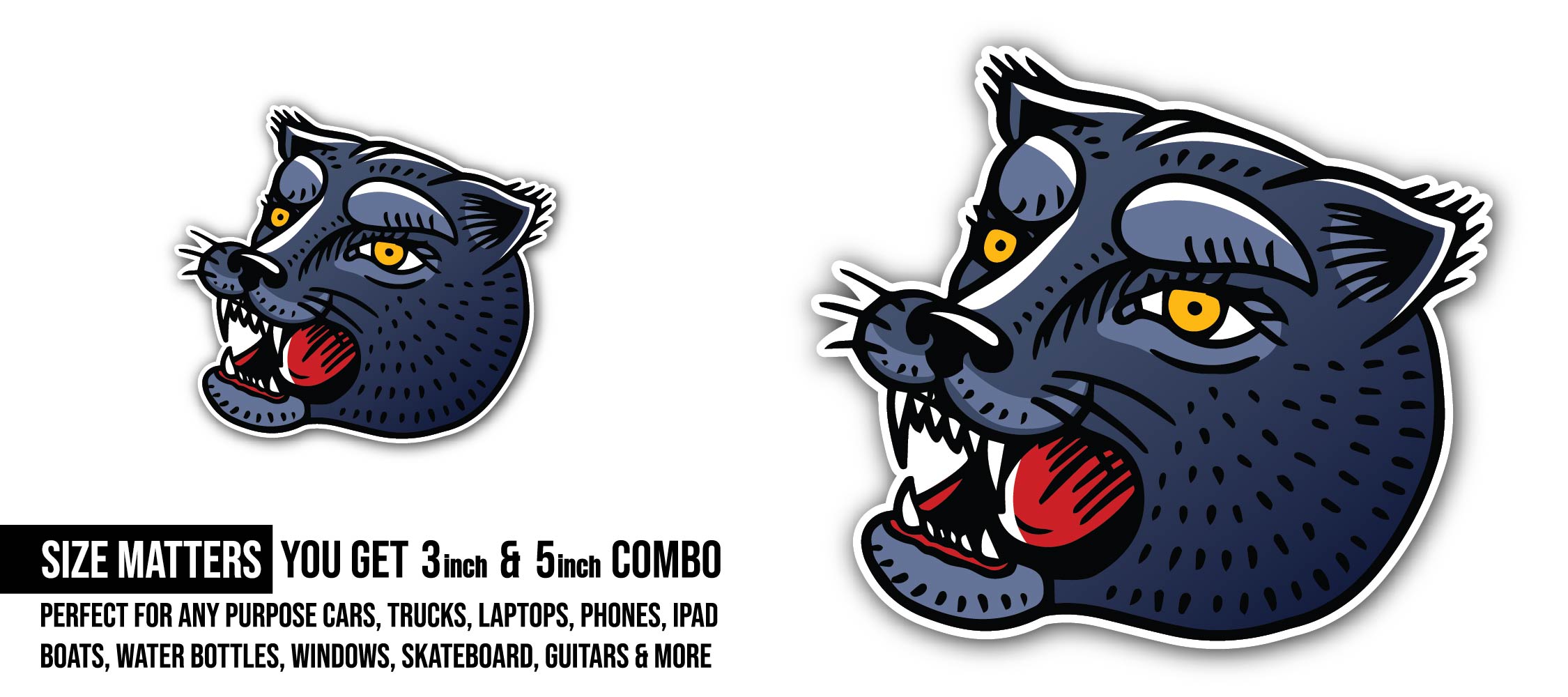 Panther Head Sticker, Waterproof Vinyl Decal Sticker Indoor Or Outdoor 2 (Pieces) 3" and 5"