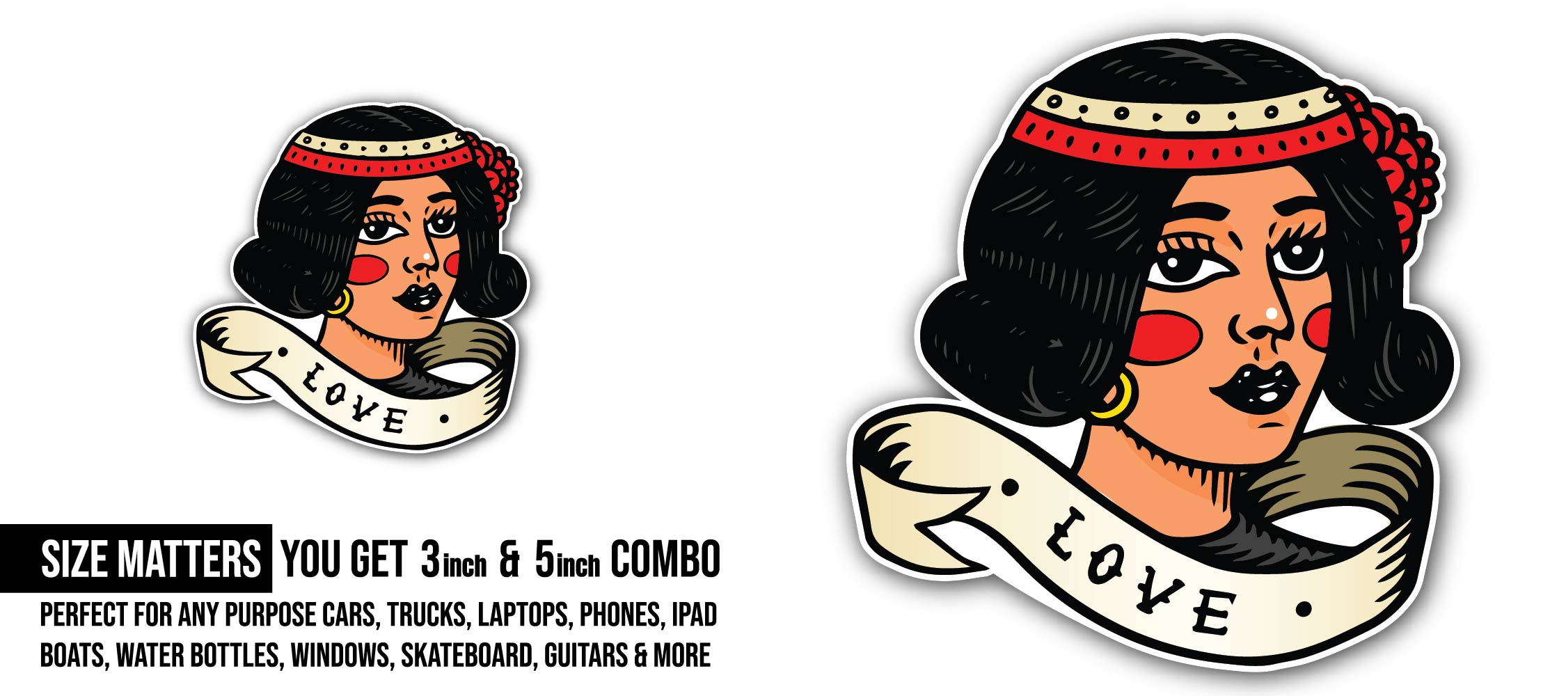 Young lady for tattoo in vintage style Sticker, Waterproof Vinyl Decal Sticker Indoor Or Outdoor 2 (Pieces) 3" and 5"