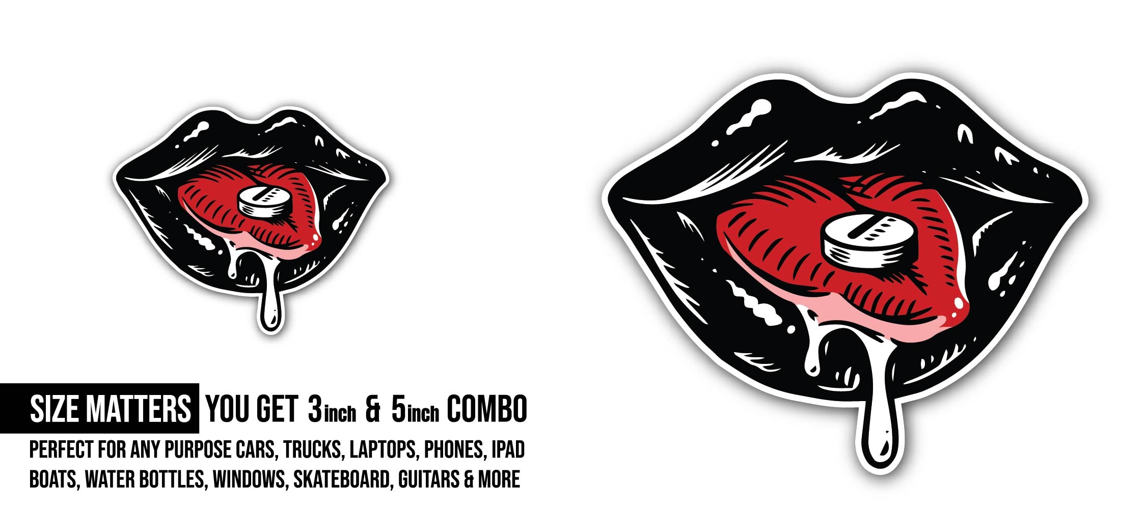 Sexy Lips in vintage style for tattoo Sticker, Waterproof Vinyl Decal Sticker Indoor Or Outdoor 2 (Pieces) 3" and 5"