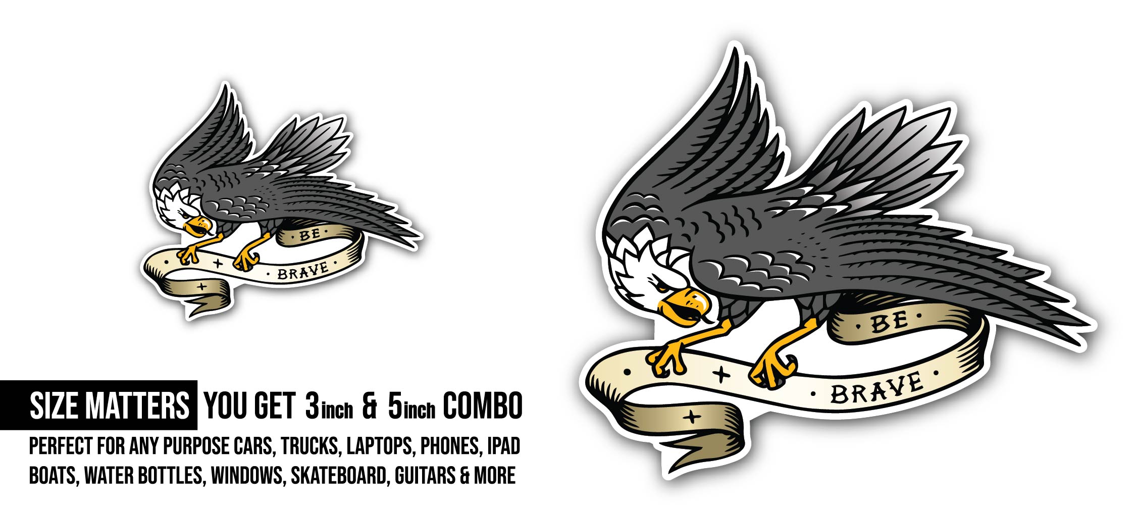 Bald eagle Sticker, Waterproof Vinyl Decal Sticker Indoor Or Outdoor 2 (Pieces) 3" and 5"