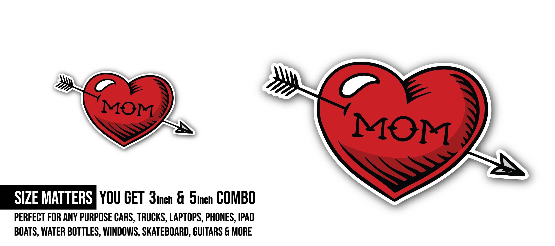 Mom with heart Sticker, Waterproof Vinyl Decal Sticker Indoor Or Outdoor 2 (Pieces) 3" and 5"