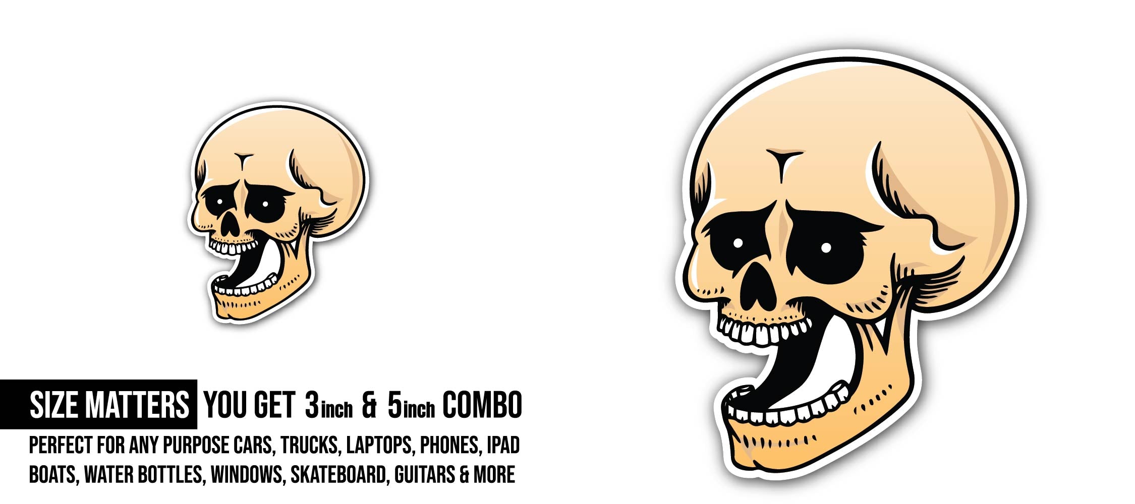 Human Skull Sticker, Waterproof Vinyl Decal Sticker Indoor Or Outdoor 2 (Pieces) 3" and 5"