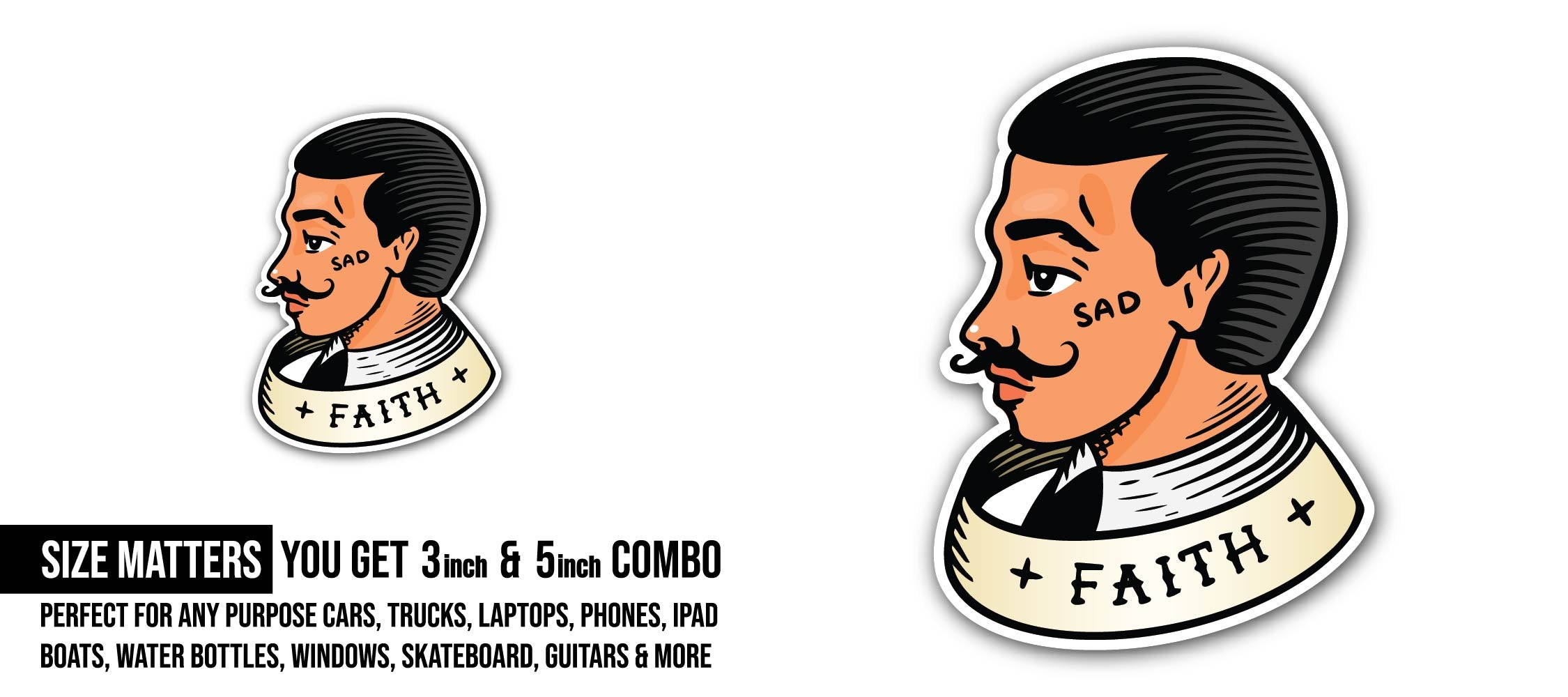 Man with a ribbon for tattoo in vintage style Sticker, Waterproof Vinyl Decal Sticker Indoor Or Outdoor 2 (Pieces) 3" and 5"