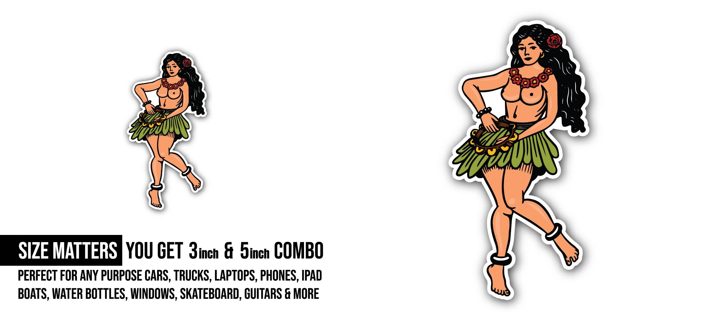 Vintage Hawaiian Hula Dancer Sticker, Waterproof Vinyl Decal Sticker Indoor Or Outdoor 2 (Pieces) 3" and 5"