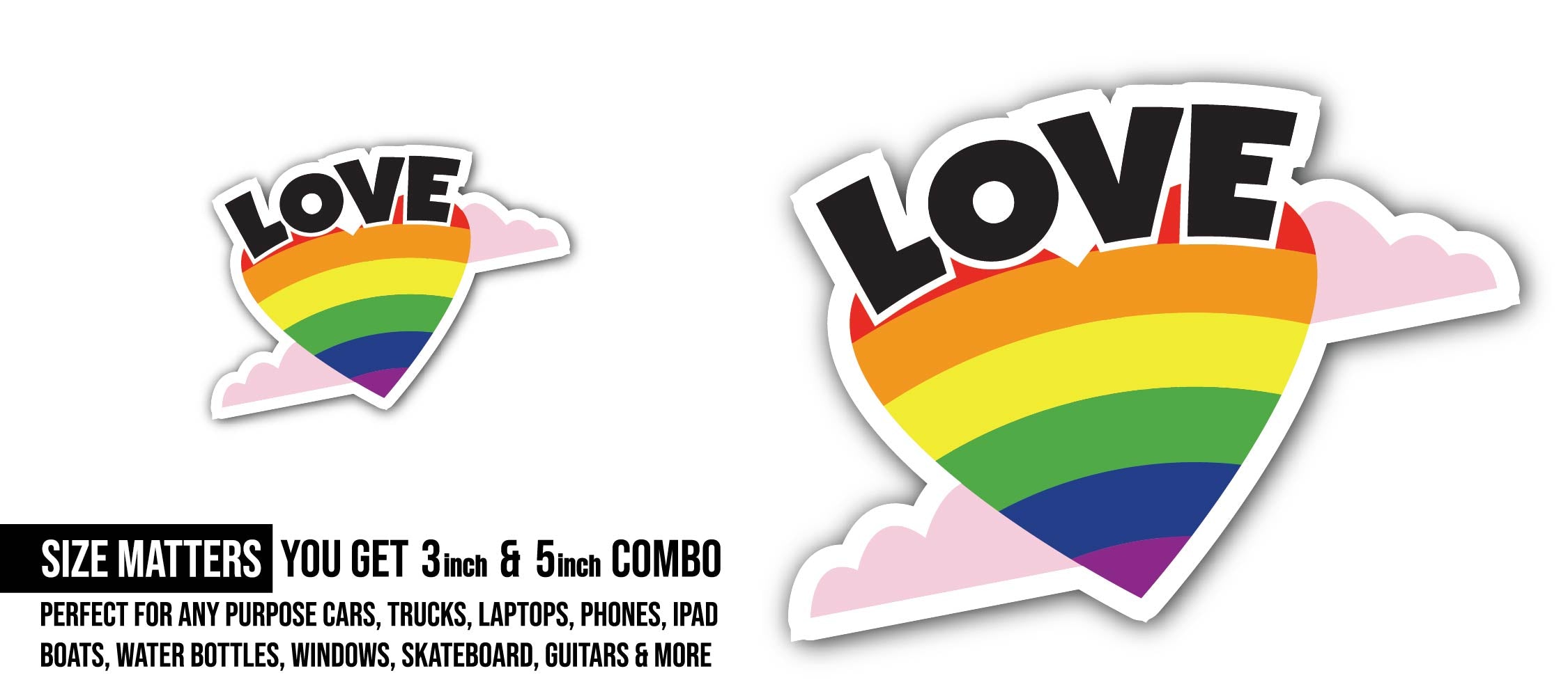 Love rainbow heart Sticker, Waterproof Vinyl Decal Sticker Indoor Or Outdoor 2 (Pieces) 3" and 5"