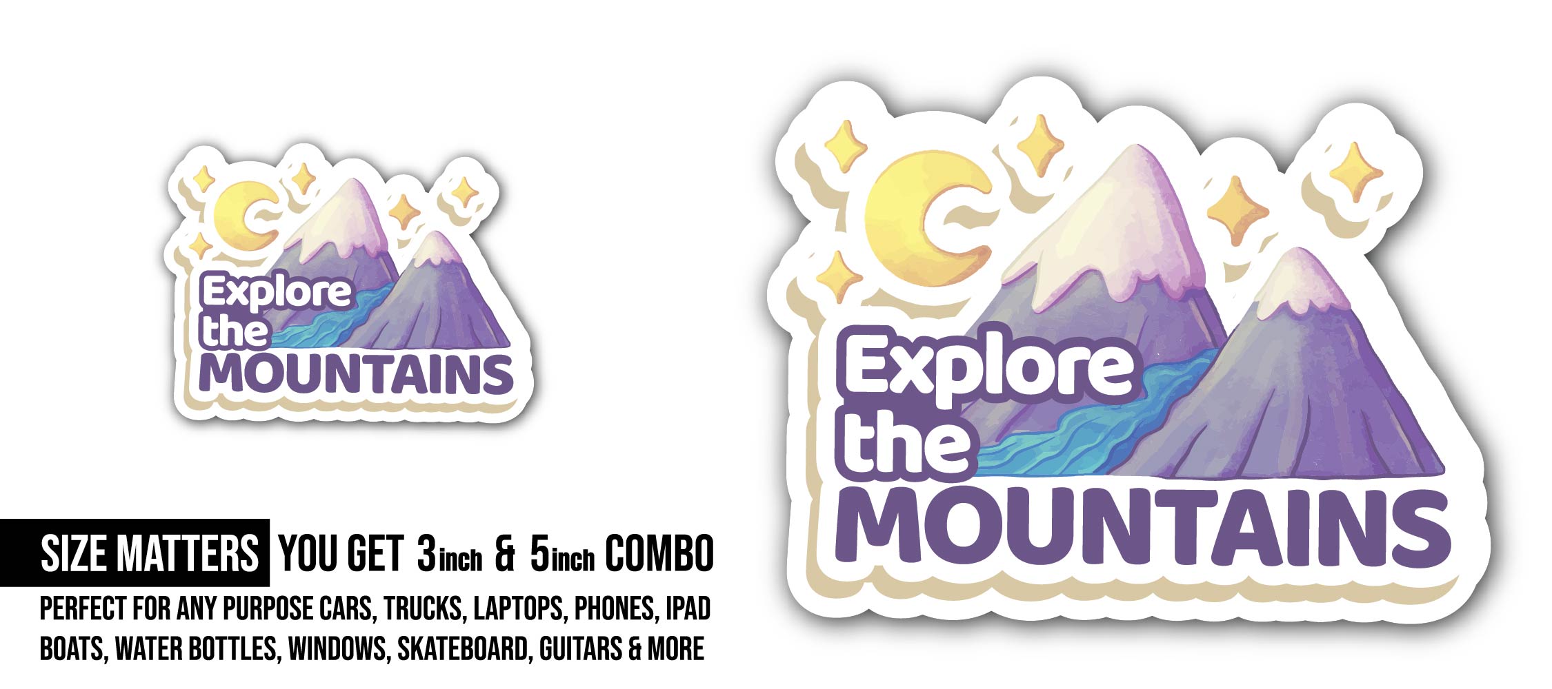 Mountain Explore Sticker, Waterproof Vinyl Decal Sticker Indoor Or Outdoor 2 (Pieces) 3" and 5"