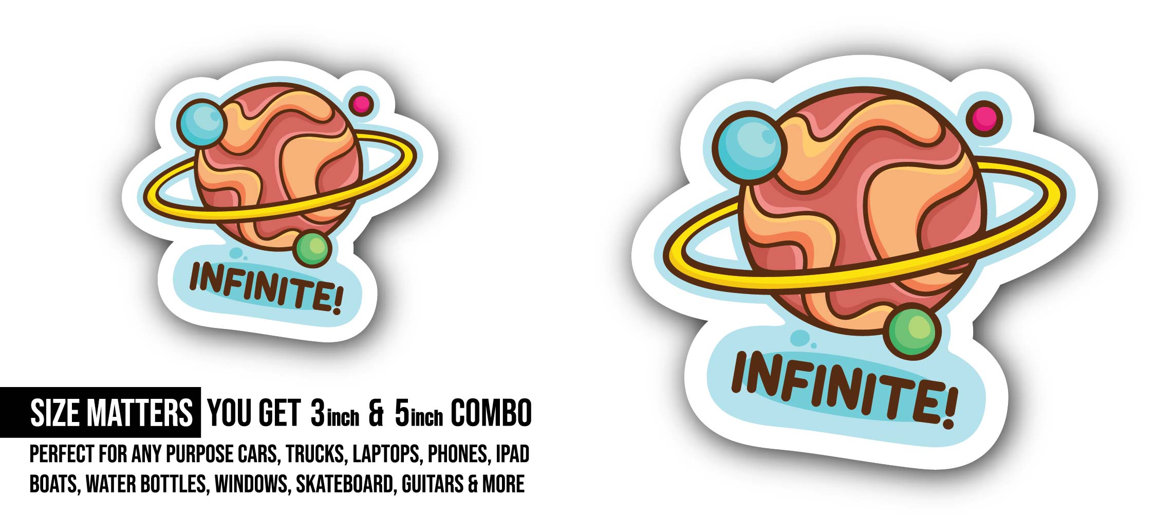 A planet with planets Sticker, Waterproof Vinyl Decal Sticker Indoor Or Outdoor 2 (Pieces) 3" and 5"