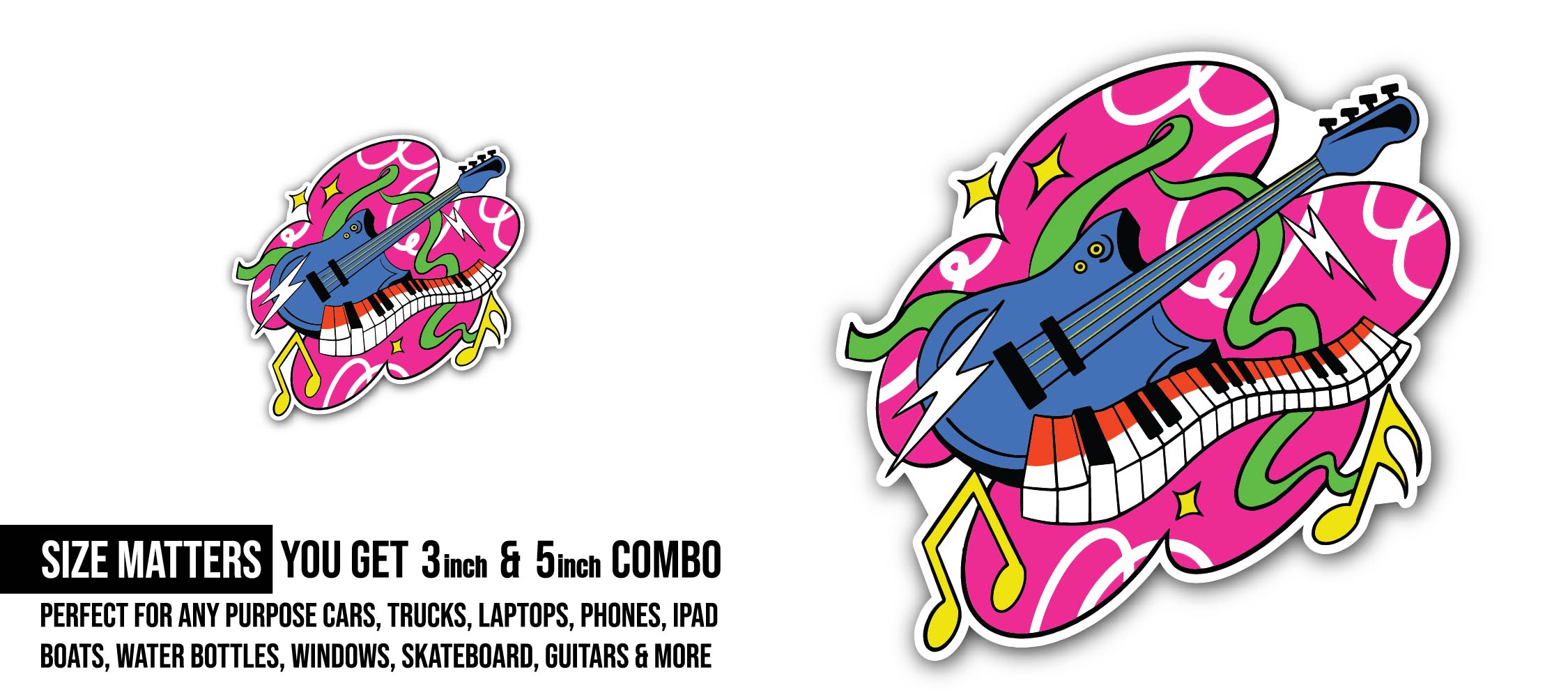 Retro Music Vibes Sticker, Waterproof Vinyl Decal Sticker Indoor Or Outdoor 2 (Pieces) 3" and 5"