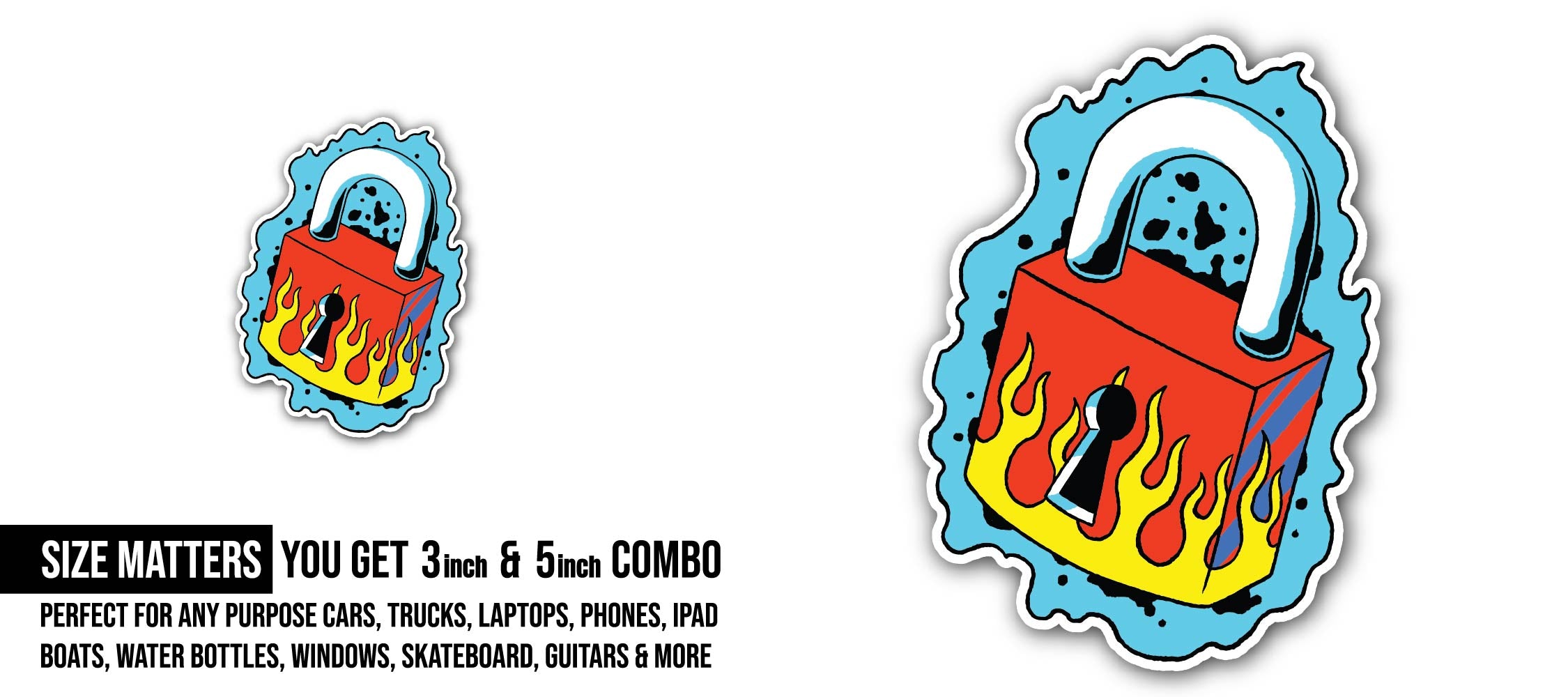 Fire neon padlock Sticker, Waterproof Vinyl Decal Sticker Indoor Or Outdoor 2 (Pieces) 3" and 5"