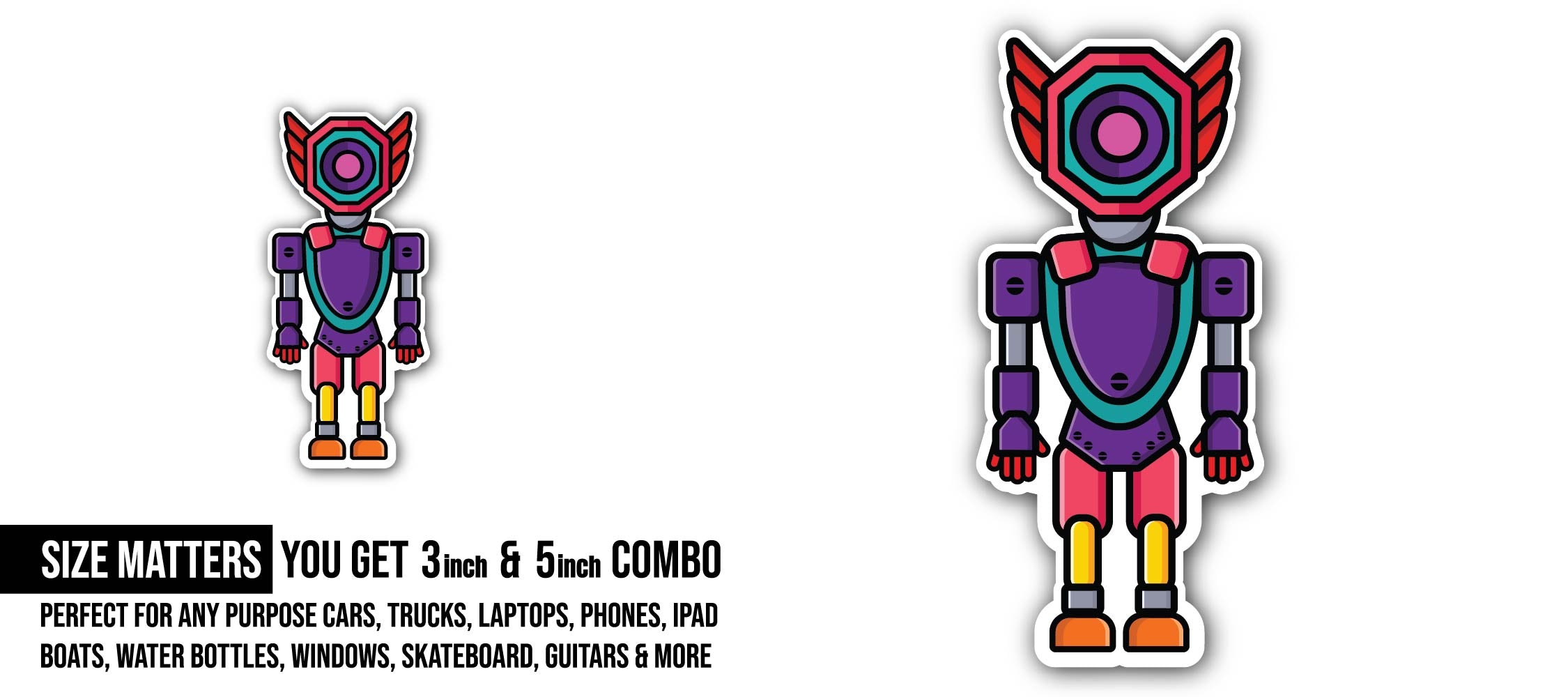 Robot Boy Sticker, Waterproof Vinyl Decal Sticker Indoor Or Outdoor 2 (Pieces) 3" and 5"