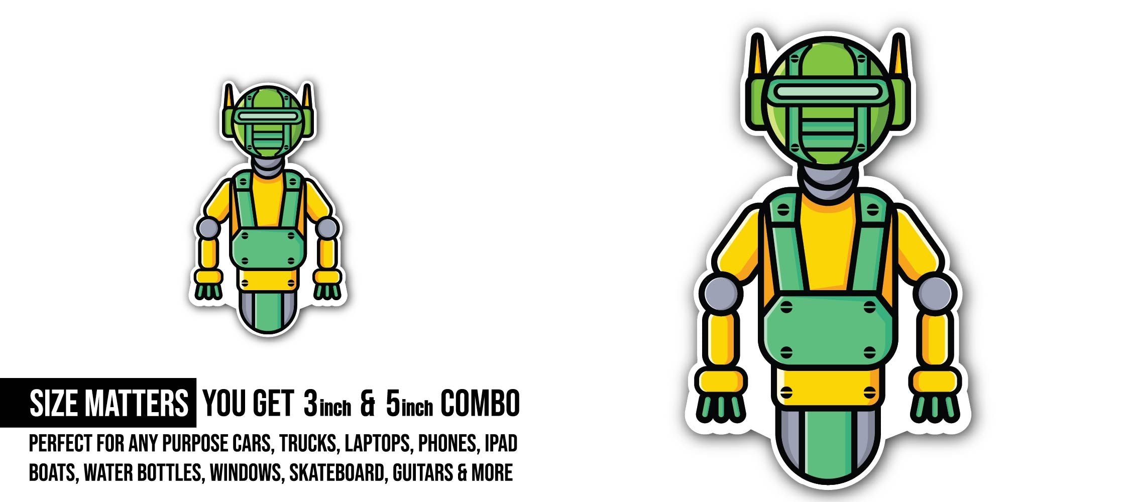 Green Robot Boy Sticker, Waterproof Vinyl Decal Sticker Indoor Or Outdoor 2 (Pieces) 3" and 5"