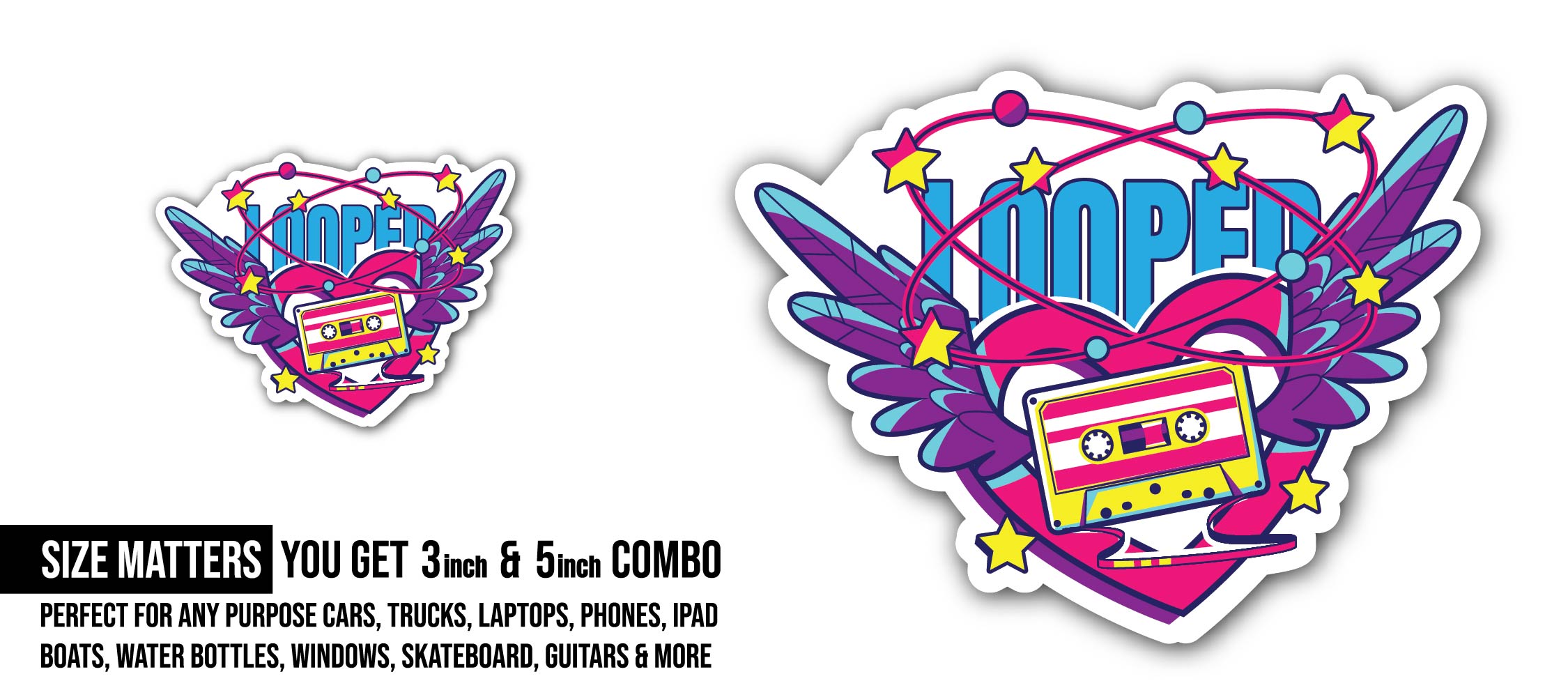 LOOPED Sticker, Waterproof Vinyl Decal Sticker Indoor Or Outdoor 2 (Pieces) 3" and 5"