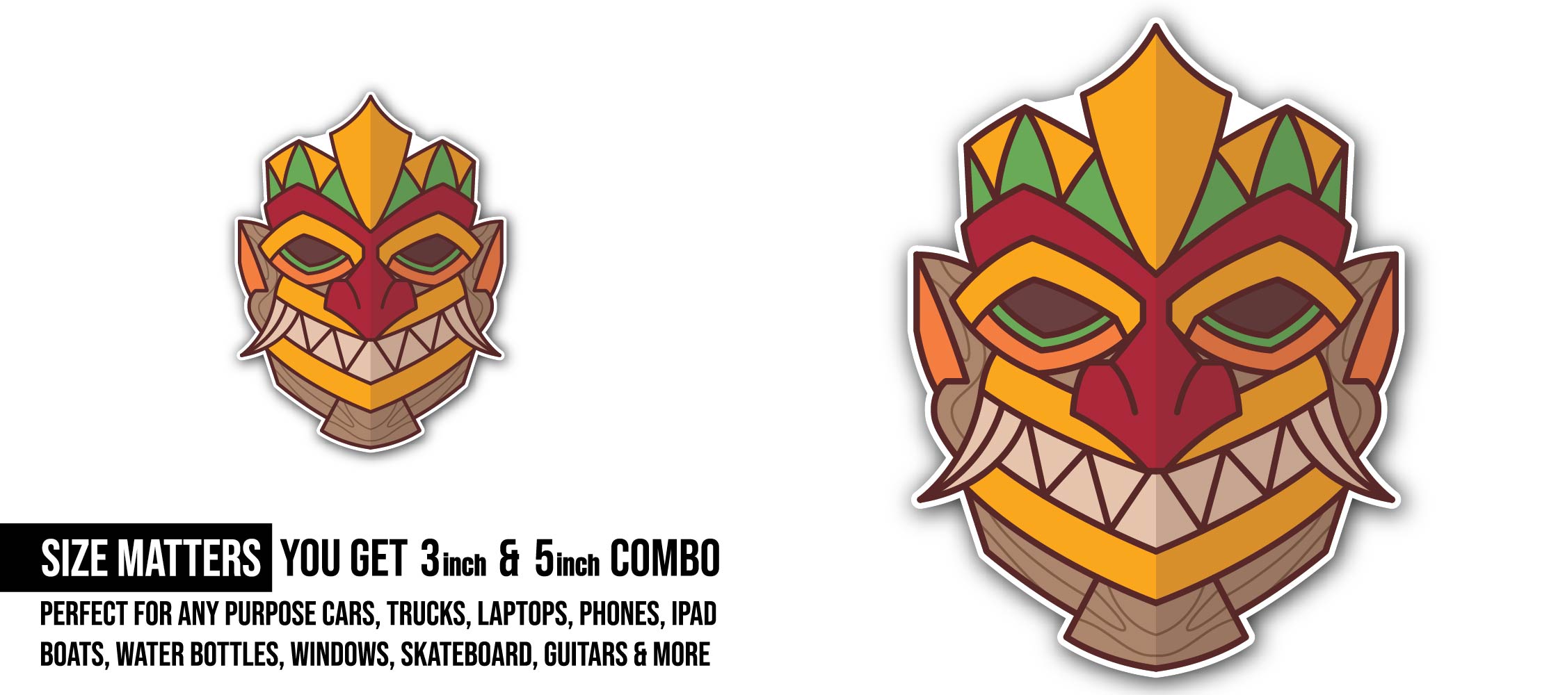 Smiley Tiki mask Sticker, Waterproof Vinyl Decal Sticker Indoor Or Outdoor 2 (Pieces) 3" and 5"