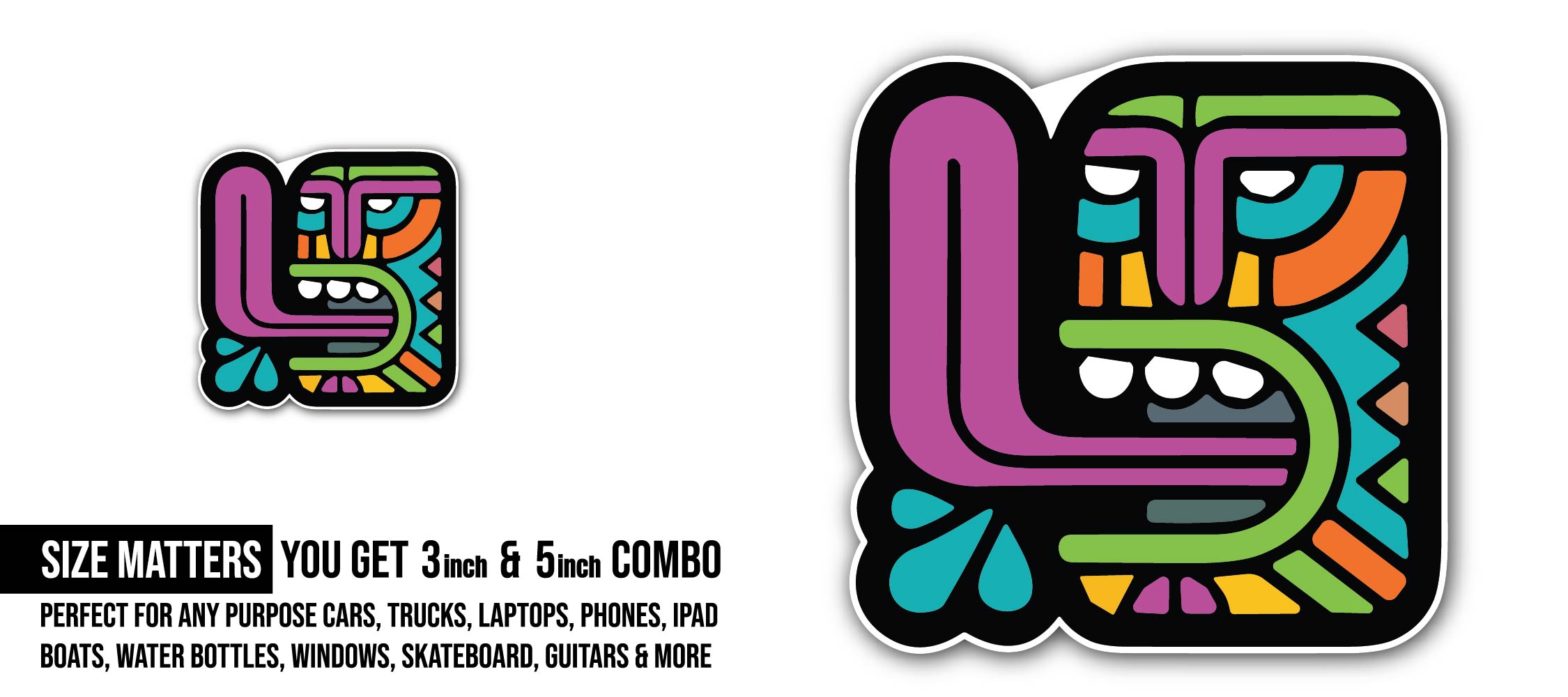 Colorful Monster Emblem Sticker, Waterproof Vinyl Decal Sticker Indoor Or Outdoor 2 (Pieces) 3" and 5"