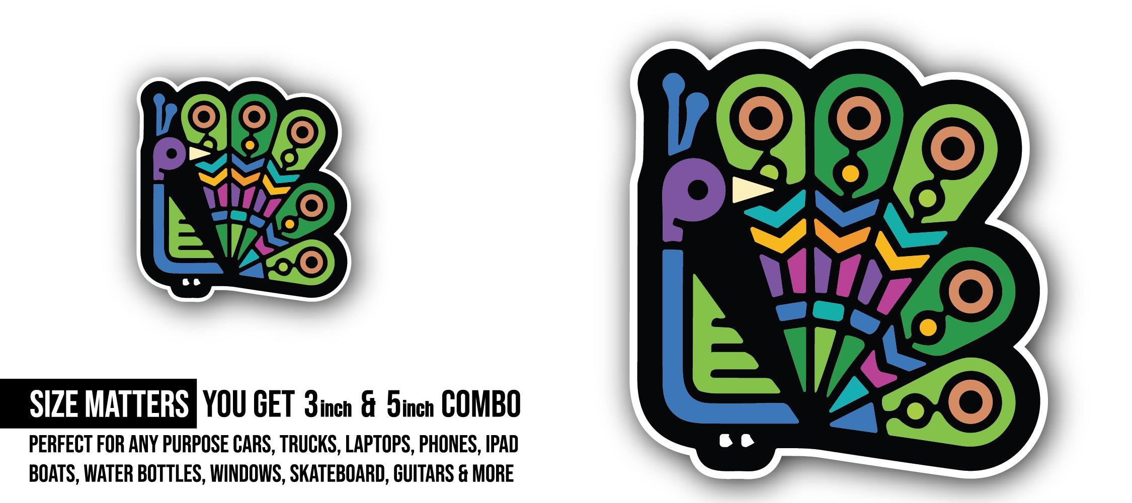 Stylized Peacock Sticker, Waterproof Vinyl Decal Sticker Indoor Or Outdoor 2 (Pieces) 3" and 5"
