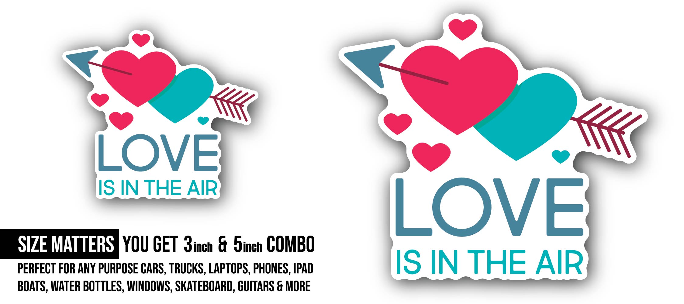 Two Heart & Love is in The Air Sticker, Waterproof Vinyl Decal Sticker Indoor Or Outdoor 2 (Pieces) 3" and 5"