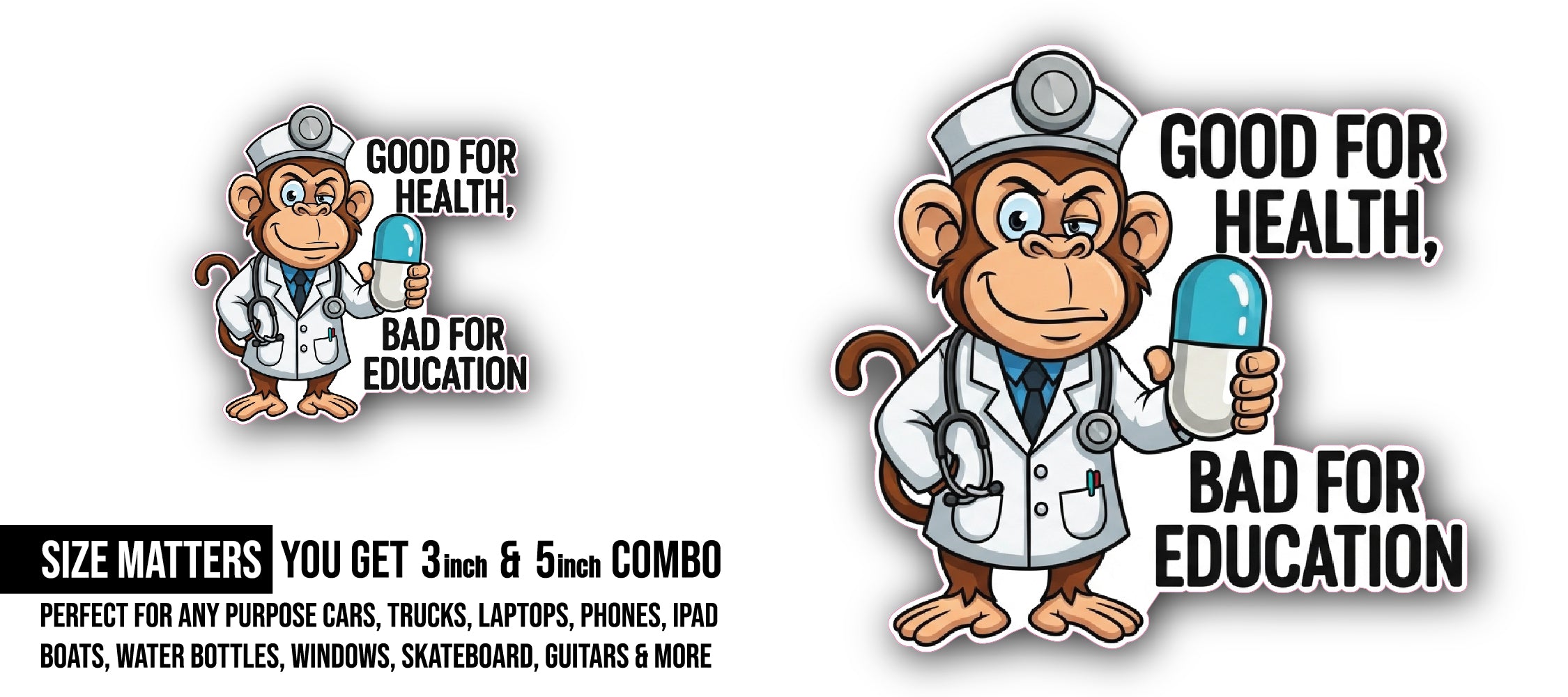 Monkey Doctor Sticker, Waterproof Vinyl Decal Sticker Indoor Or Outdoor 2 (Pieces) 3" and 5"