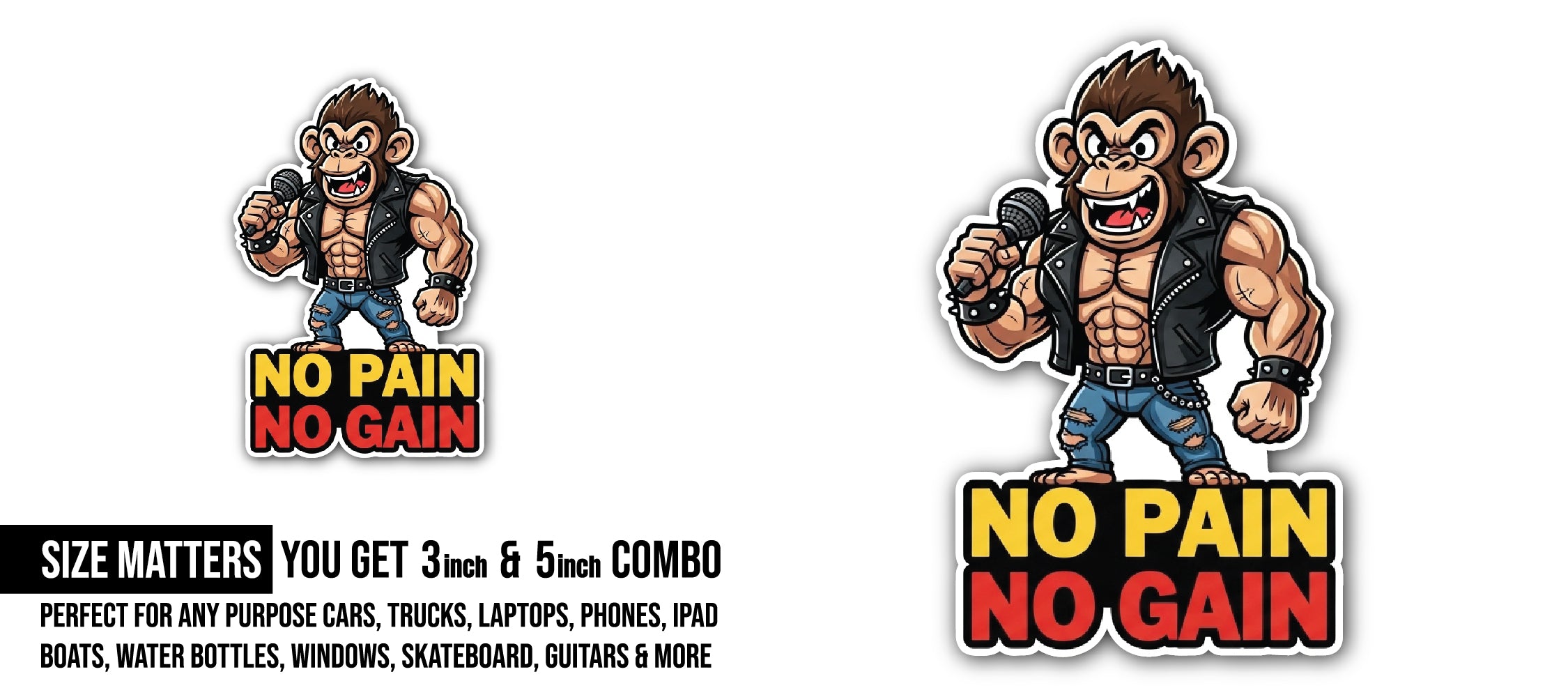Muscular Monkey Sticker, Waterproof Vinyl Decal Sticker Indoor Or Outdoor 2 (Pieces) 3" and 5"
