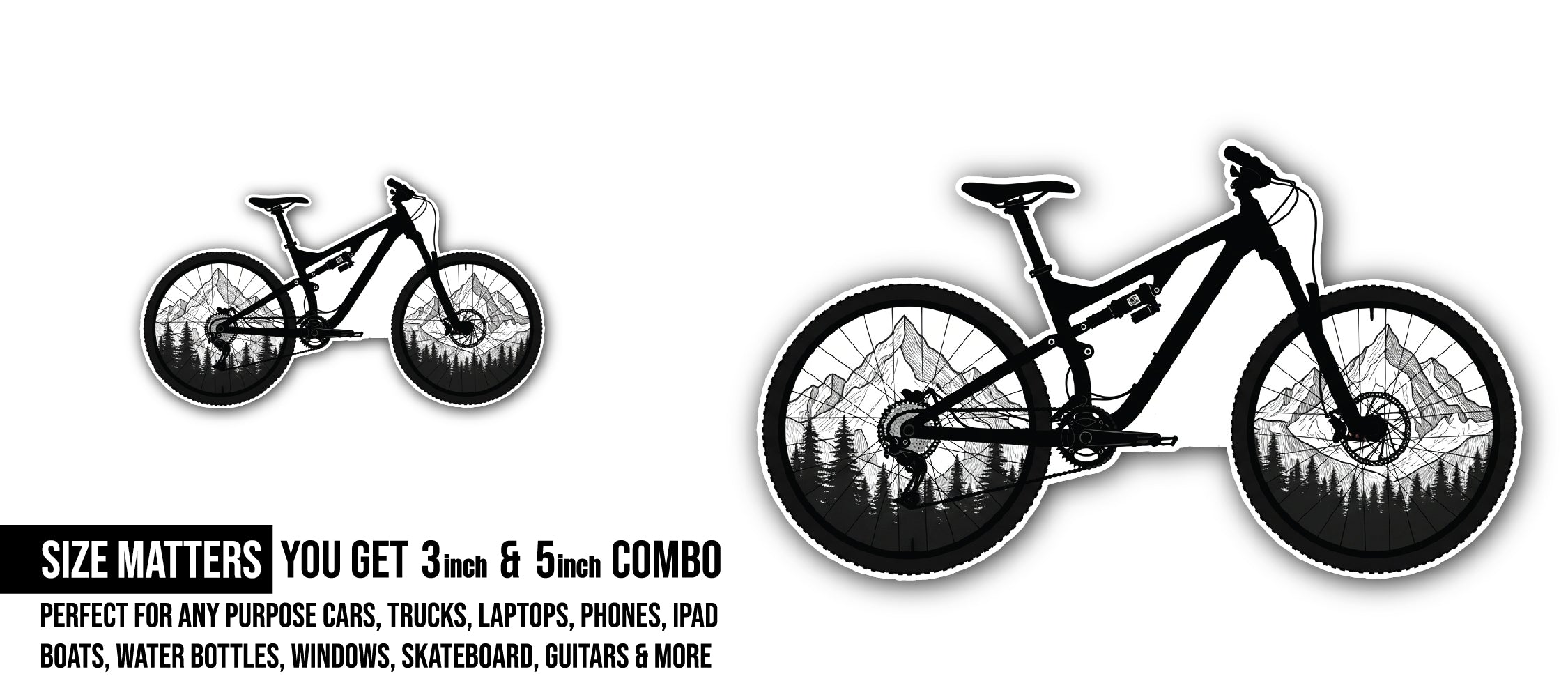 Mountain Bicycle Sticker, Waterproof Vinyl Decal Sticker Indoor Or Outdoor 2 (Pieces) 3" and 5"