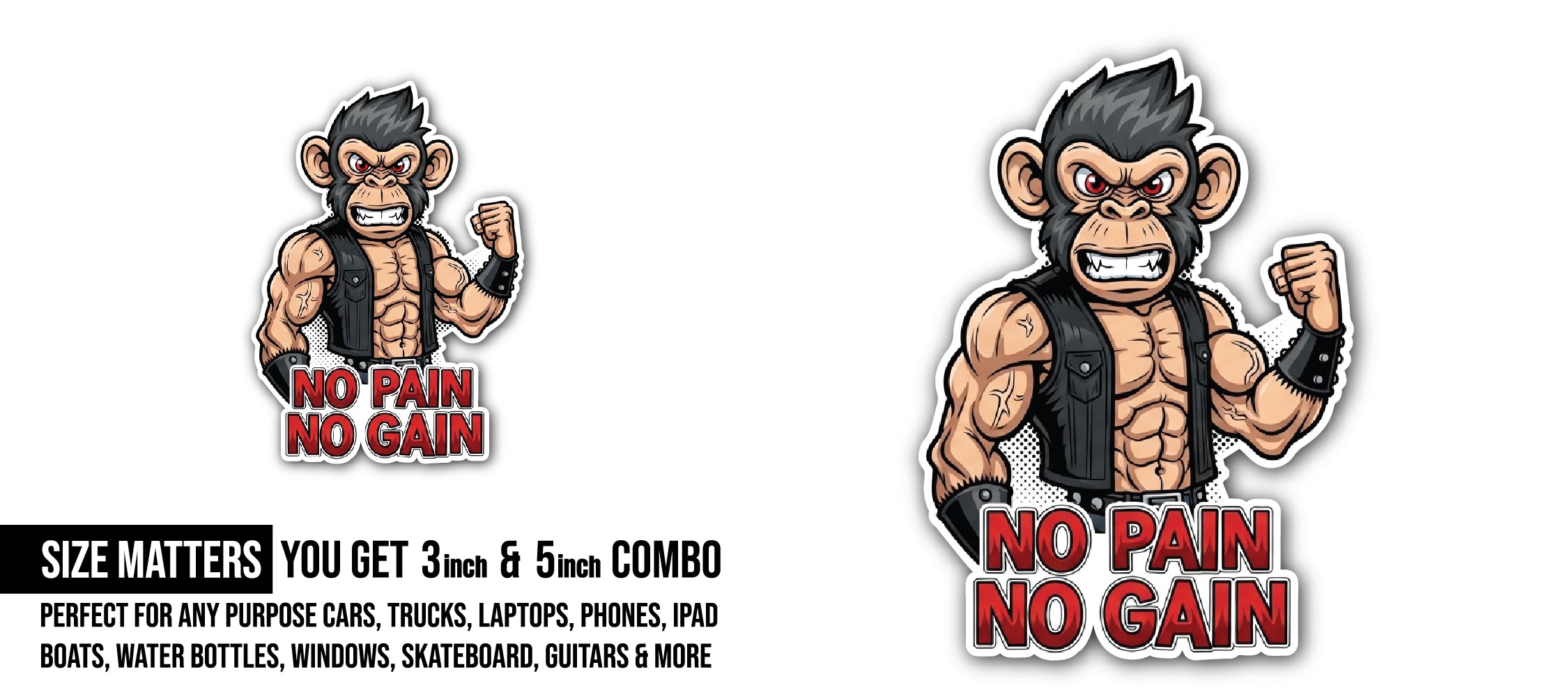 Strong Muscular Monkey Sticker, Waterproof Vinyl Decal Sticker Indoor Or Outdoor 2 (Pieces) 3" and 5"