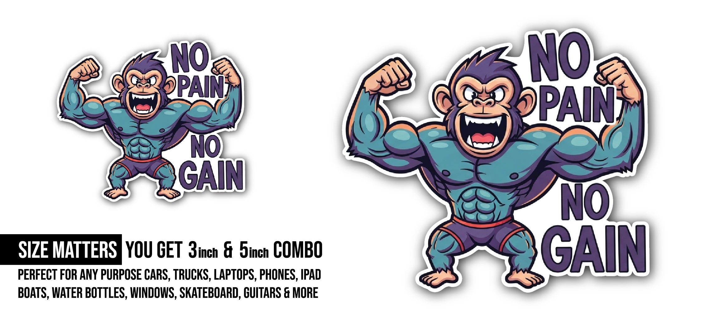Angry Gorilla Sticker, Waterproof Vinyl Decal Sticker Indoor Or Outdoor 2 (Pieces) 3" and 5"