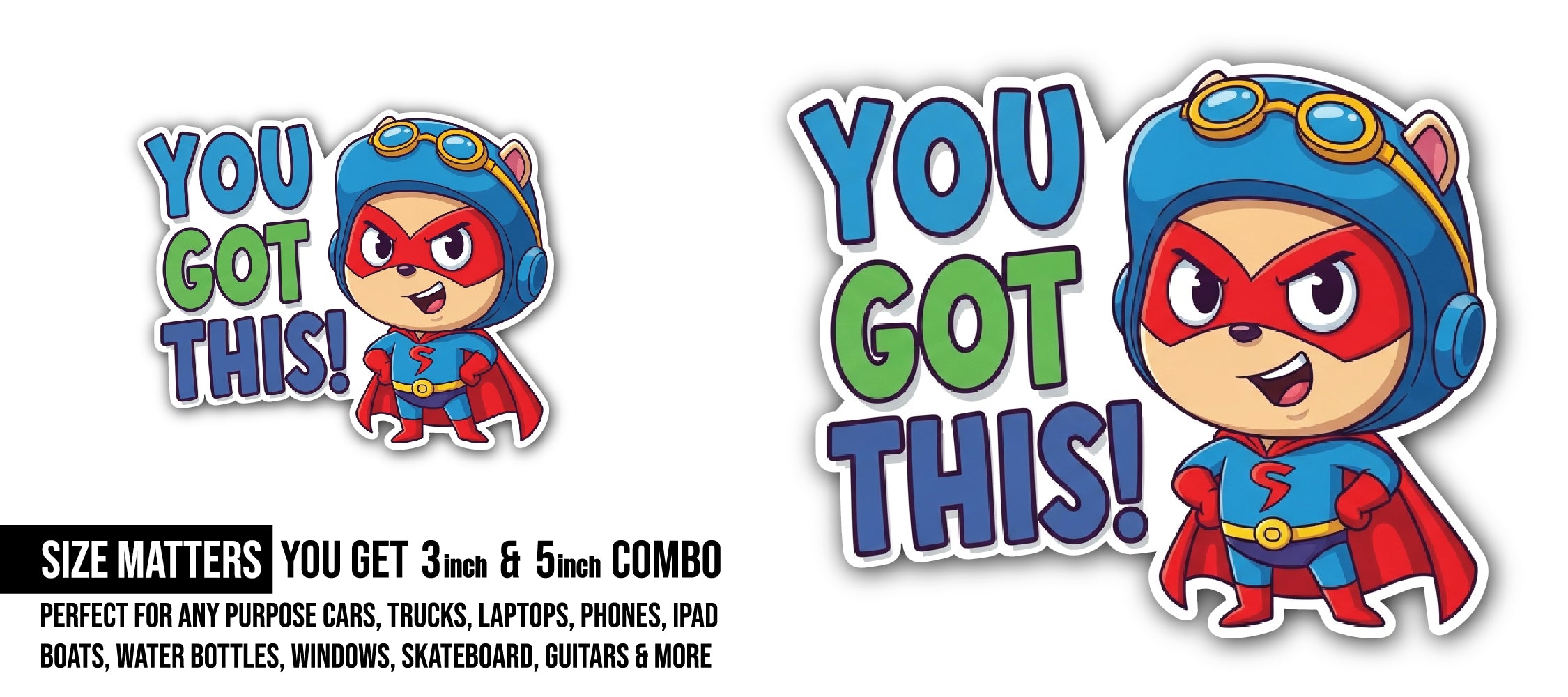 Cartoon Superhero Sticker, Waterproof Vinyl Decal Sticker Indoor Or Outdoor 2 (Pieces) 3" and 5"