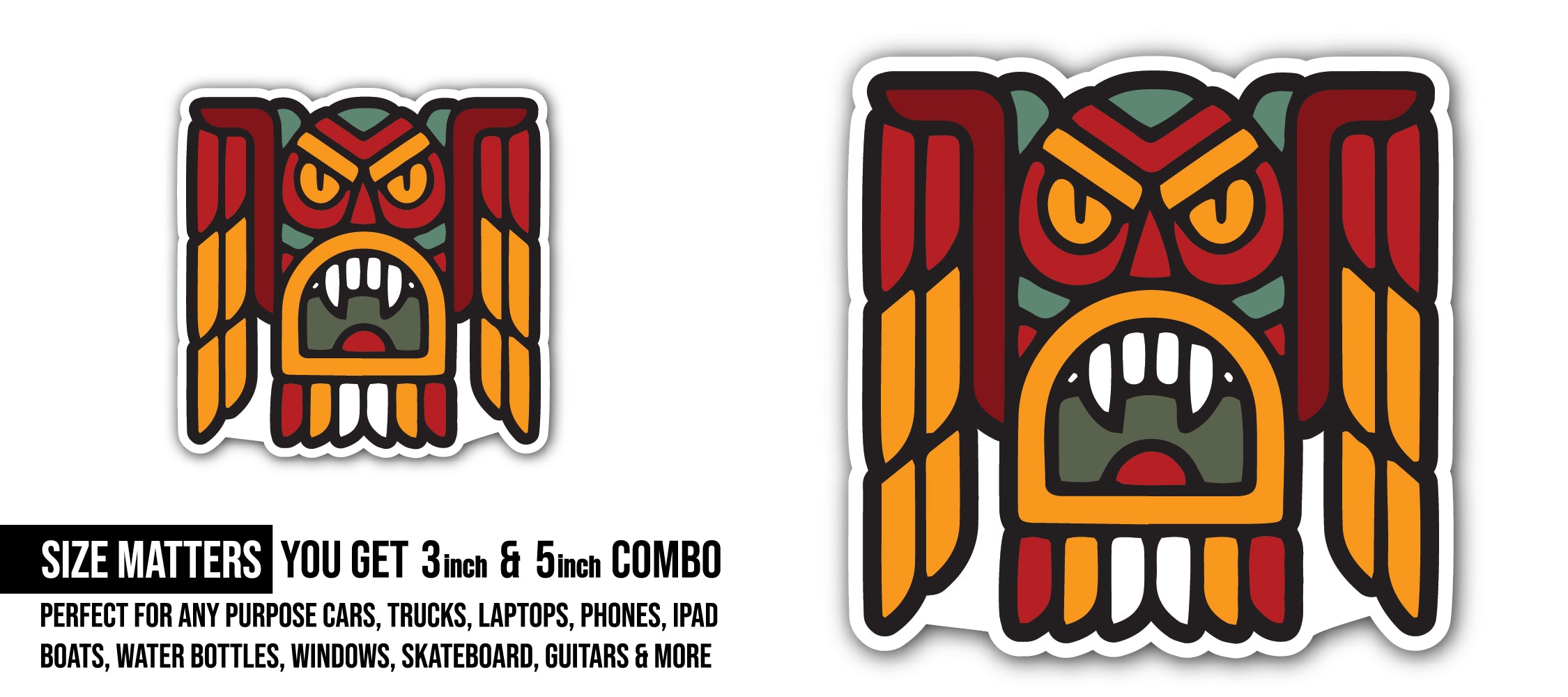 Tiki Head Sticker, Waterproof Vinyl Decal Sticker Indoor Or Outdoor 2 (Pieces) 3" and 5"