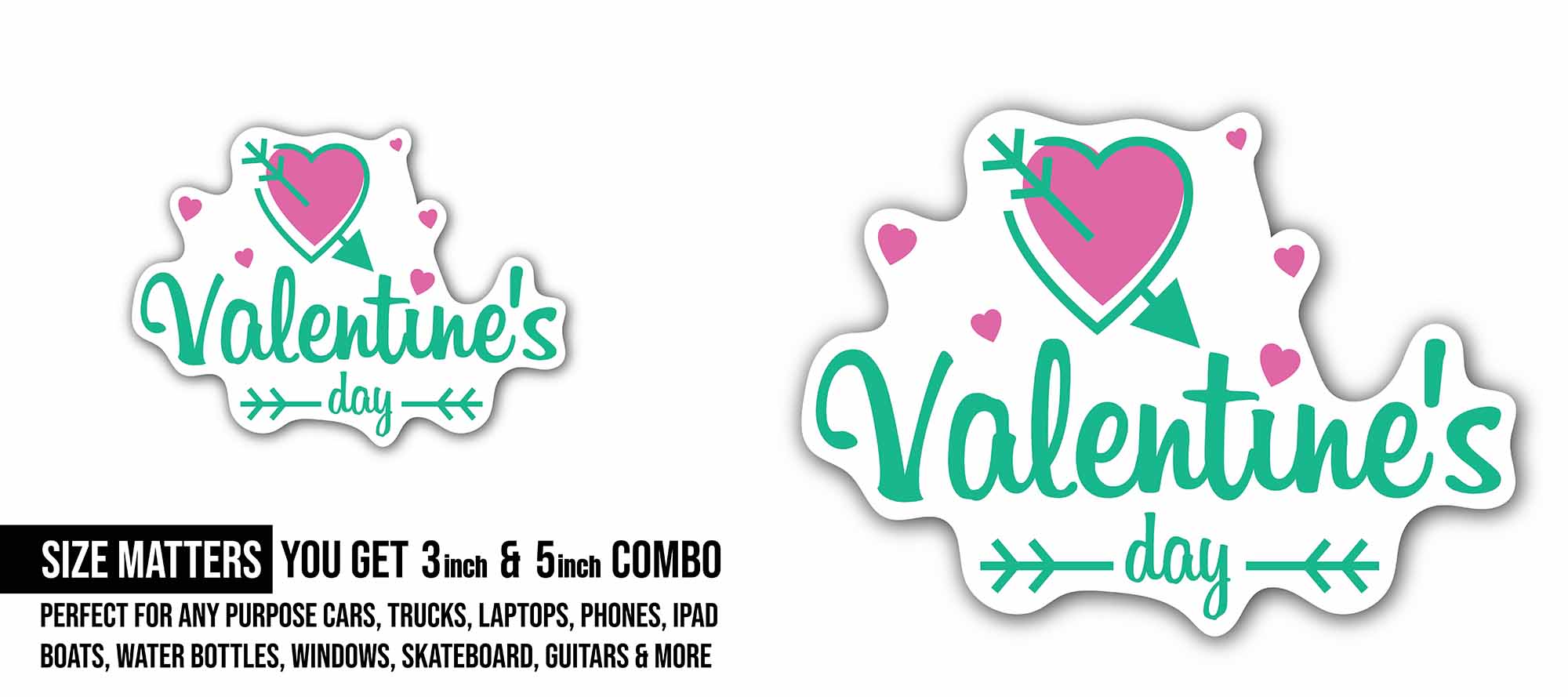 Green Color Valentine's Day Sticker, Waterproof Vinyl Decal Sticker Indoor Or Outdoor 2 (Pieces) 3" and 5"