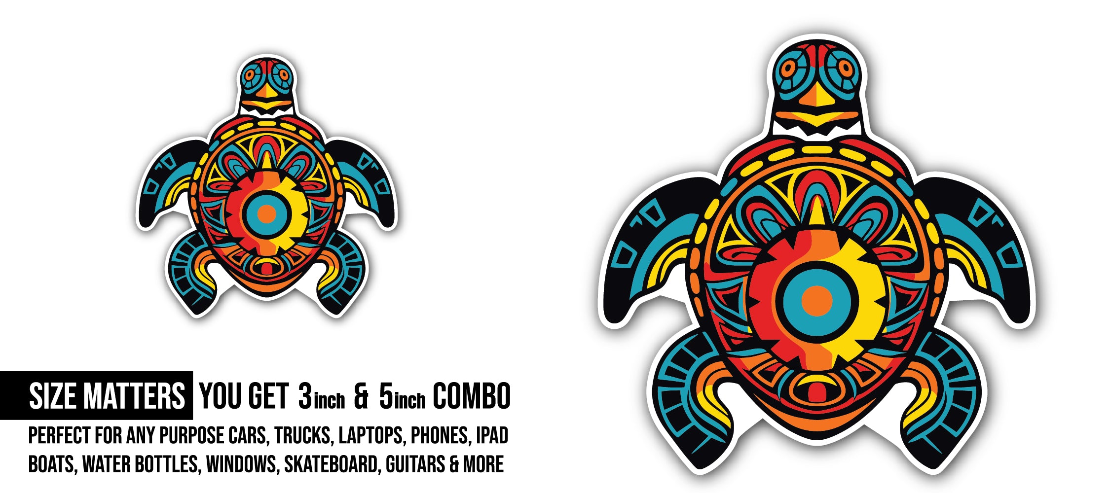 Tribal Design of a Turtle Sticker, Waterproof Vinyl Decal Sticker Indoor Or Outdoor 2 (Pieces) 3" and 5"