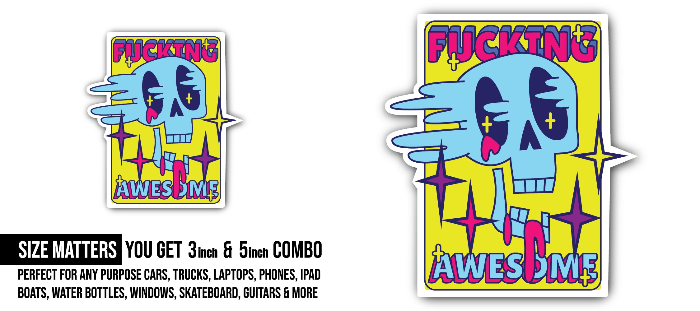 Blue Skull Sticker, Waterproof Vinyl Decal Sticker Indoor Or Outdoor 2 (Pieces) 3" and 5"