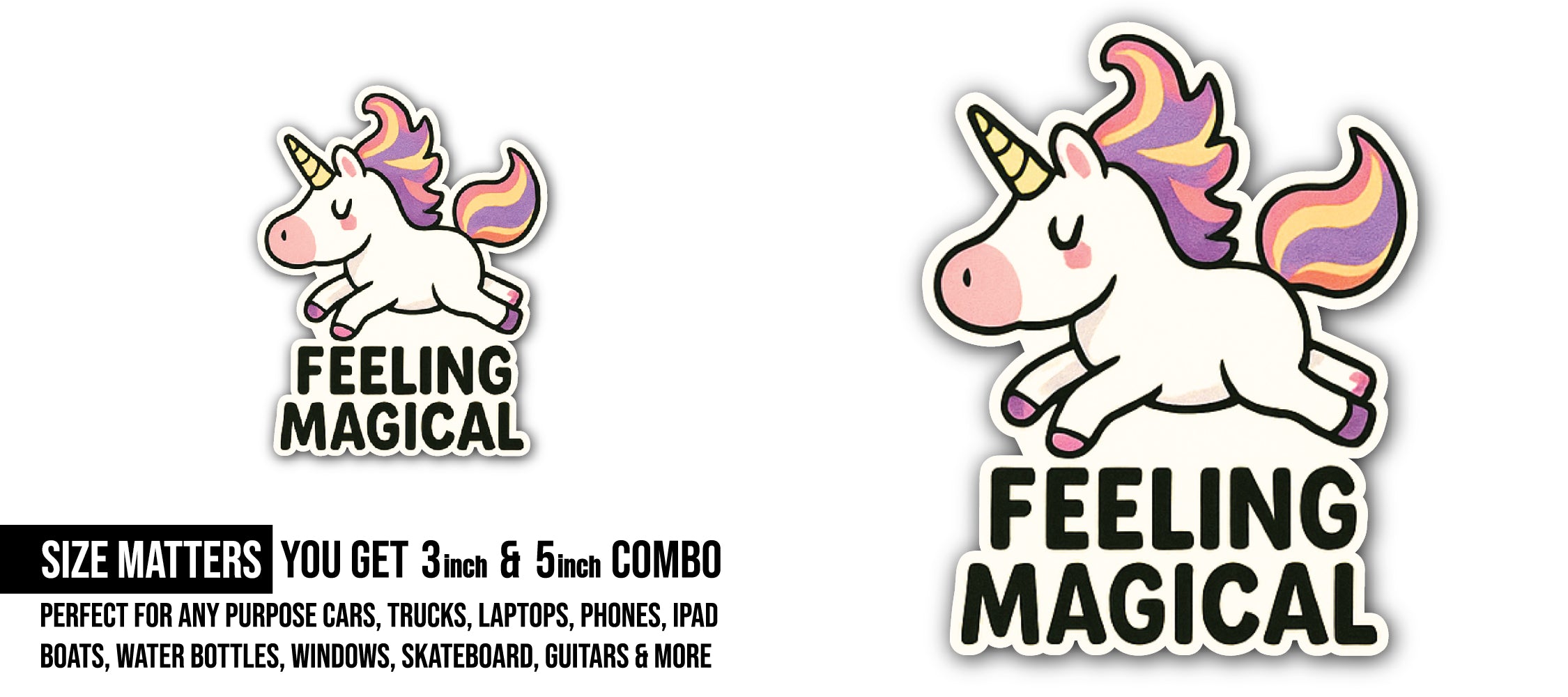 Cute Unicorn Sticker, Waterproof Vinyl Decal Sticker Indoor Or Outdoor 2 (Pieces) 3" and 5"