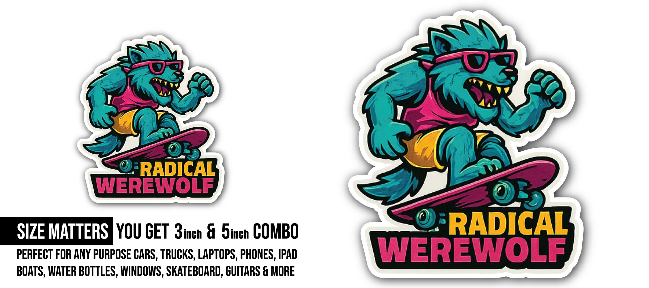 Wolf Skateboarding Sticker, Waterproof Vinyl Decal Sticker Indoor Or Outdoor 2 (Pieces) 3" and 5"