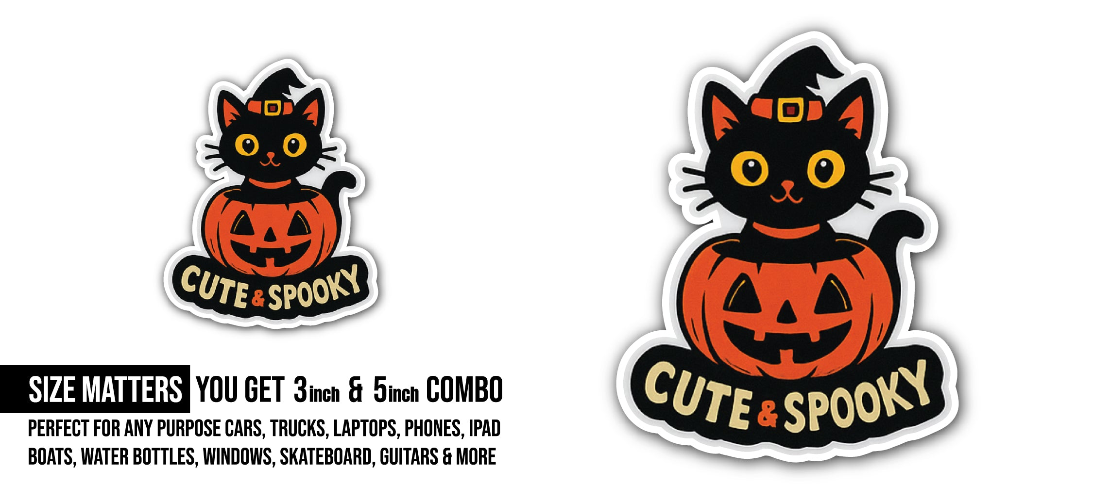 Halloween Kitty Sticker, Waterproof Vinyl Decal Sticker Indoor Or Outdoor 2 (Pieces) 3" and 5"