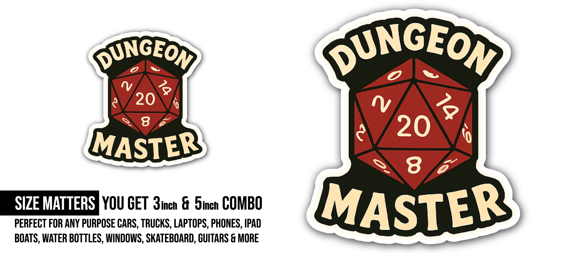 Dungeon Master Sticker, Waterproof Vinyl Decal Sticker Indoor Or Outdoor 2 (Pieces) 3" and 5"