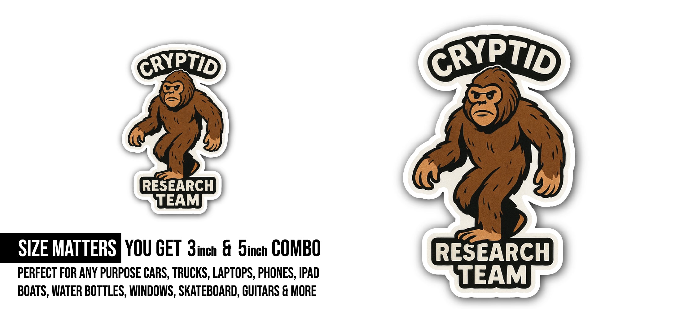 Bigfoot Research Team Sticker, Waterproof Vinyl Decal Sticker Indoor Or Outdoor 2 (Pieces) 3" and 5"