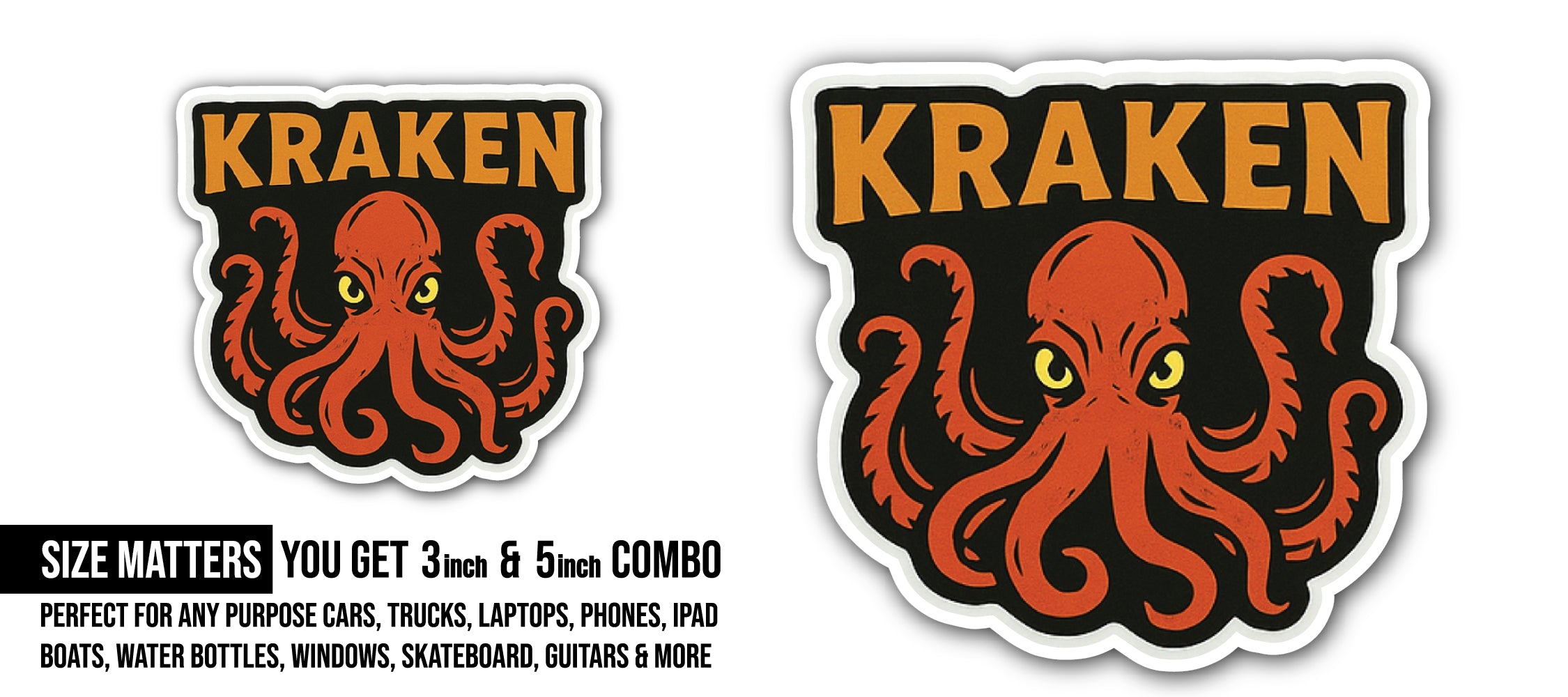 Kraken Text Sticker, Waterproof Vinyl Decal Sticker Indoor Or Outdoor 2 (Pieces) 3" and 5"