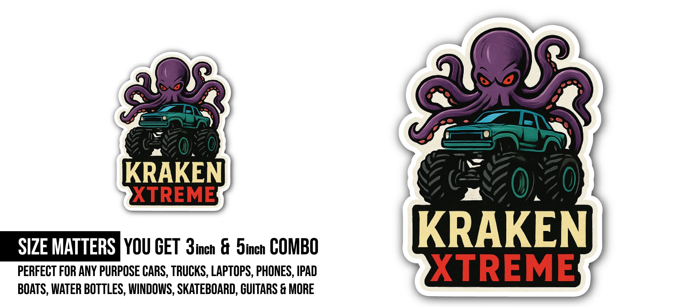 Kraken Xtreme Sticker, Waterproof Vinyl Decal Sticker Indoor Or Outdoor 2 (Pieces) 3" and 5"