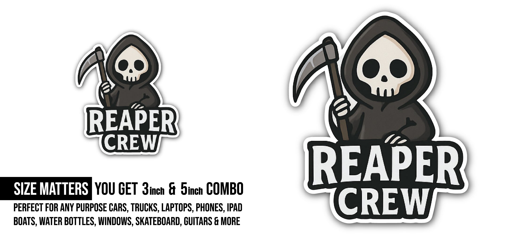 Reaper Crew Sticker, Waterproof Vinyl Decal Sticker Indoor Or Outdoor 2 (Pieces) 3" and 5"