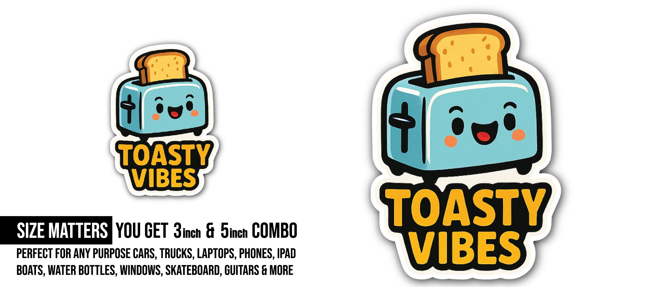 Cute Toaster Sticker, Waterproof Vinyl Decal Sticker Indoor Or Outdoor 2 (Pieces) 3" and 5"