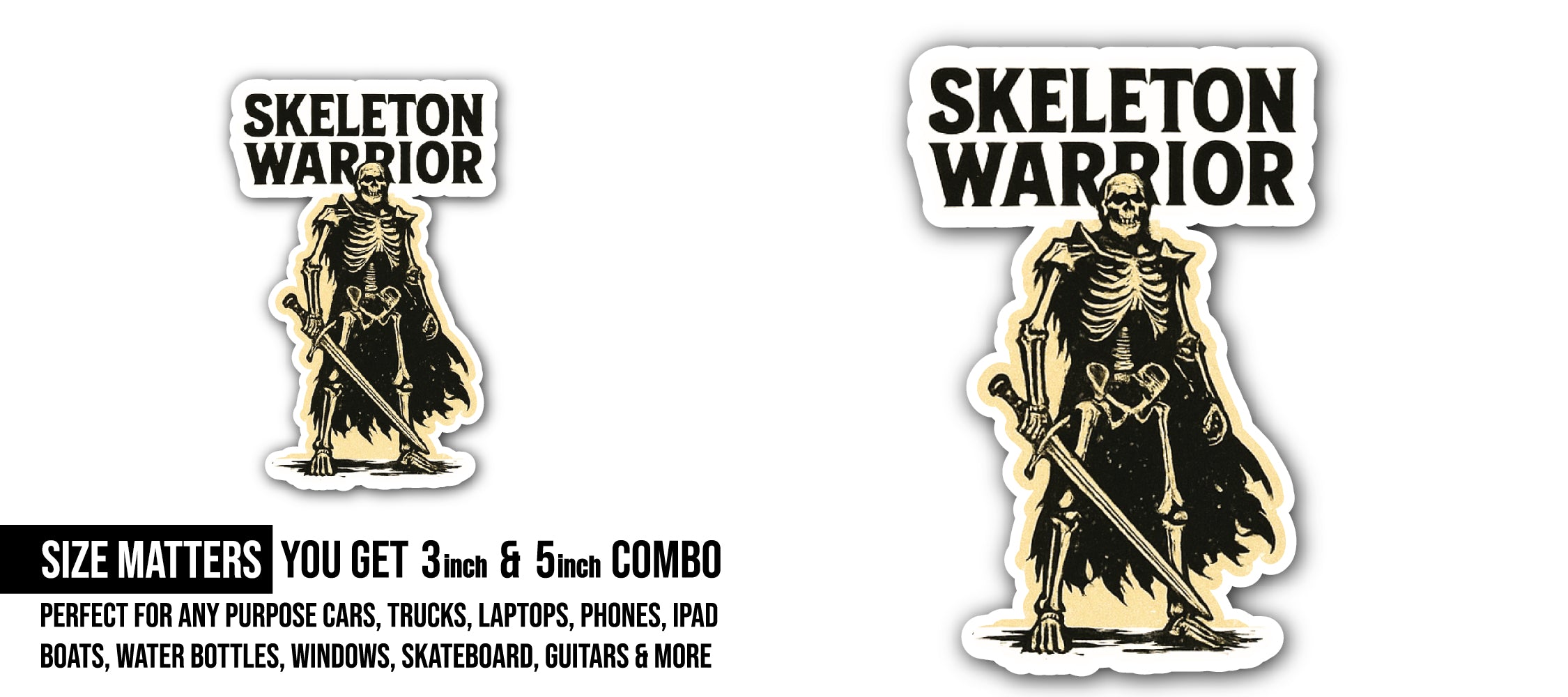 Skeleton Warrior Sticker, Waterproof Vinyl Decal Sticker Indoor Or Outdoor 2 (Pieces) 3" and 5"