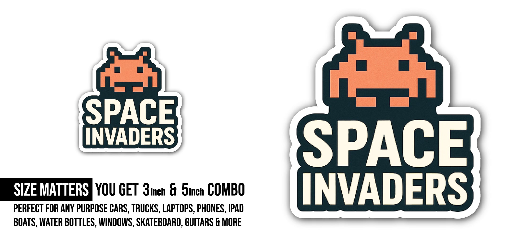 Space Invaders Sticker, Waterproof Vinyl Decal Sticker Indoor Or Outdoor 2 (Pieces) 3" and 5"