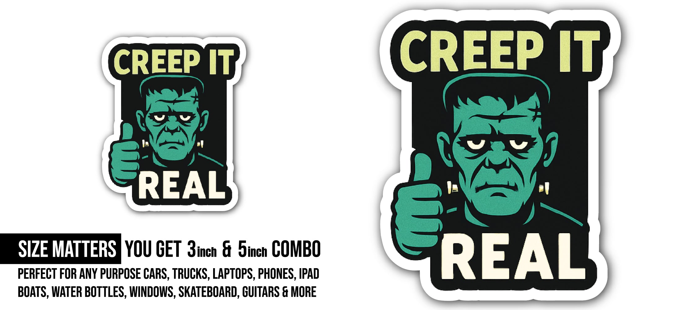 Frankenstein Monster Sticker, Waterproof Vinyl Decal Sticker Indoor Or Outdoor 2 (Pieces) 3" and 5"