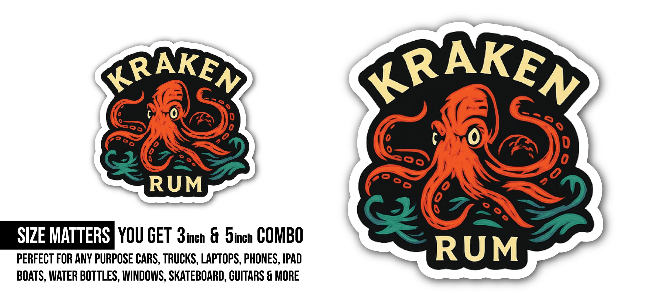 Kraken Rum Sticker, Waterproof Vinyl Decal Sticker Indoor Or Outdoor 2 (Pieces) 3" and 5"