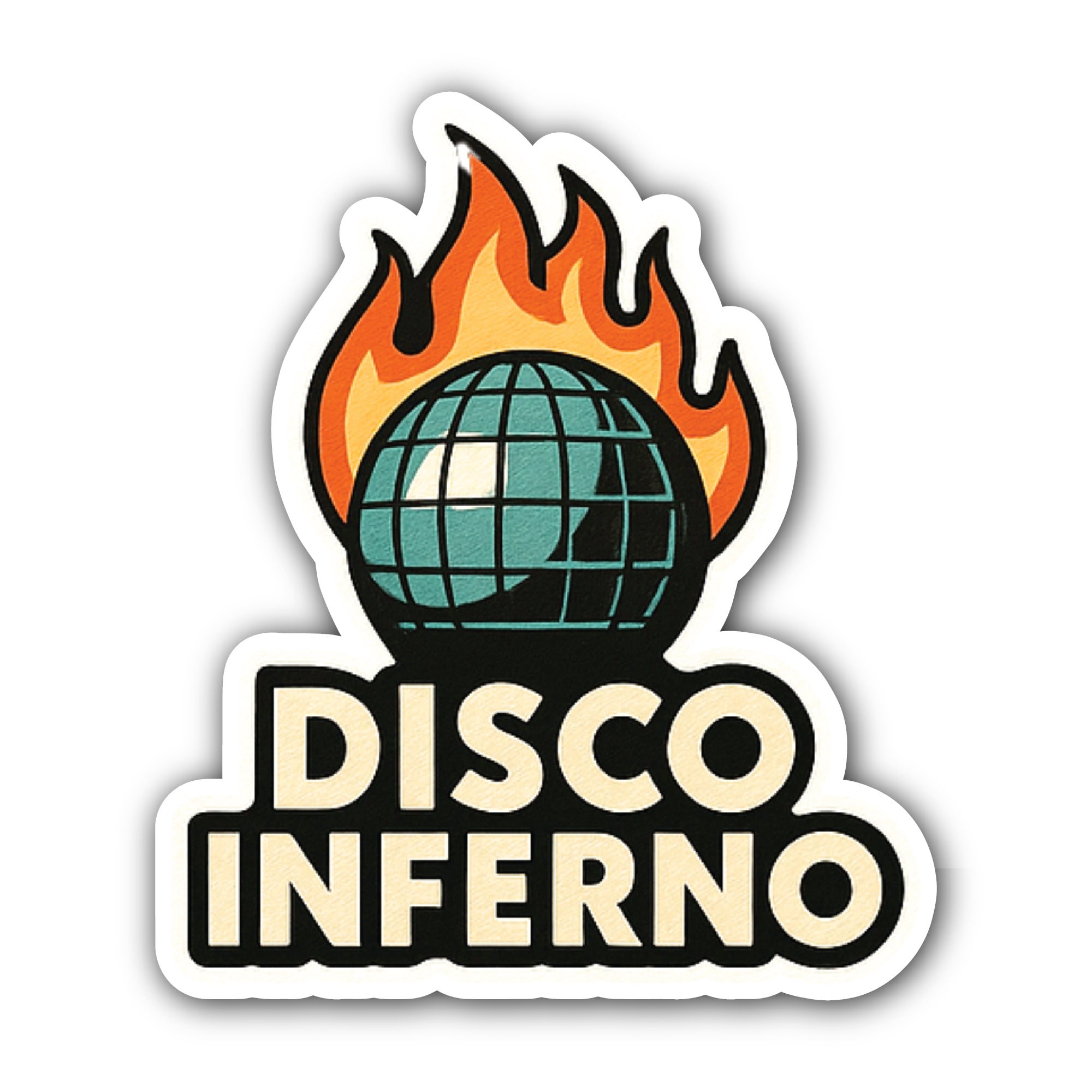 Disco Inferno Sticker, Waterproof Vinyl Decal Sticker Indoor Or Outdoor 2 (Pieces) 3" and 5"
