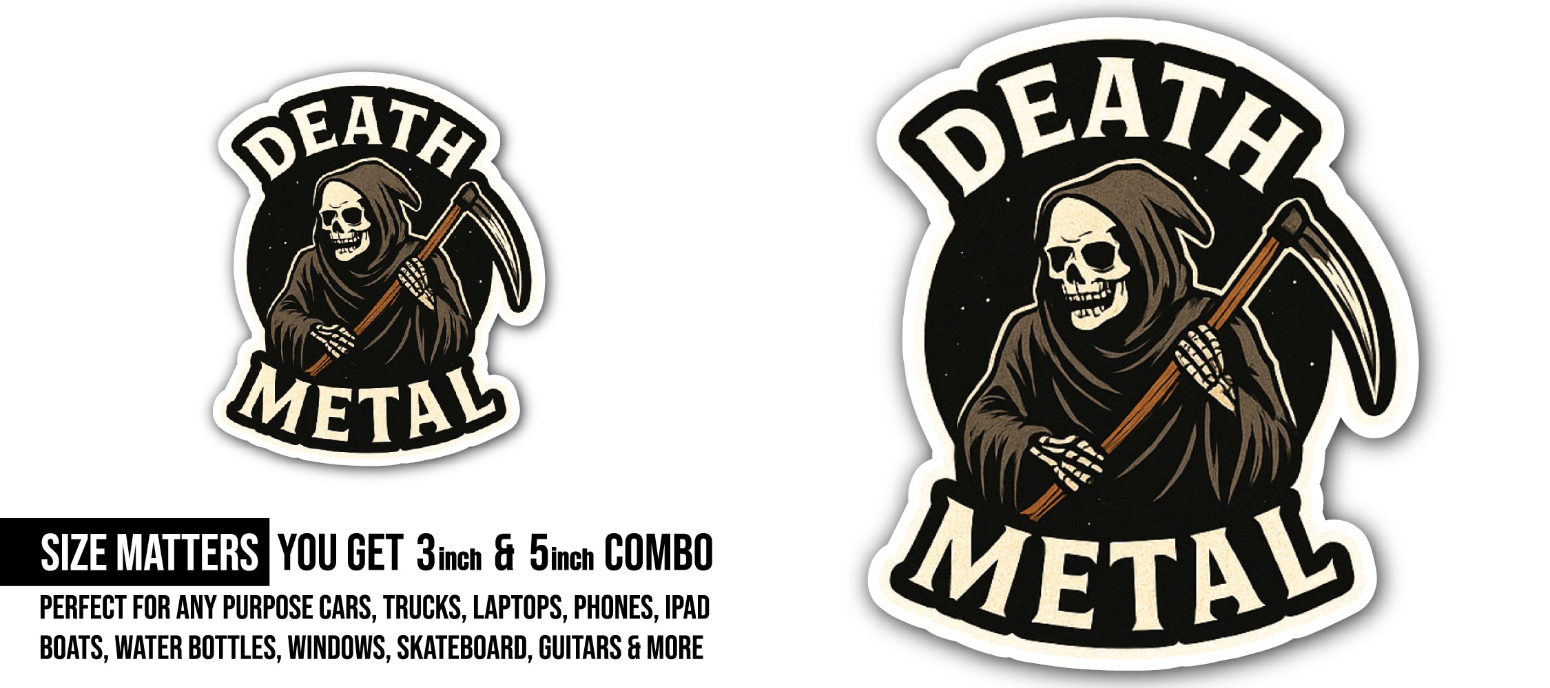 Death metal Sticker, Waterproof Vinyl Decal Sticker Indoor Or Outdoor 2 (Pieces) 3" and 5"