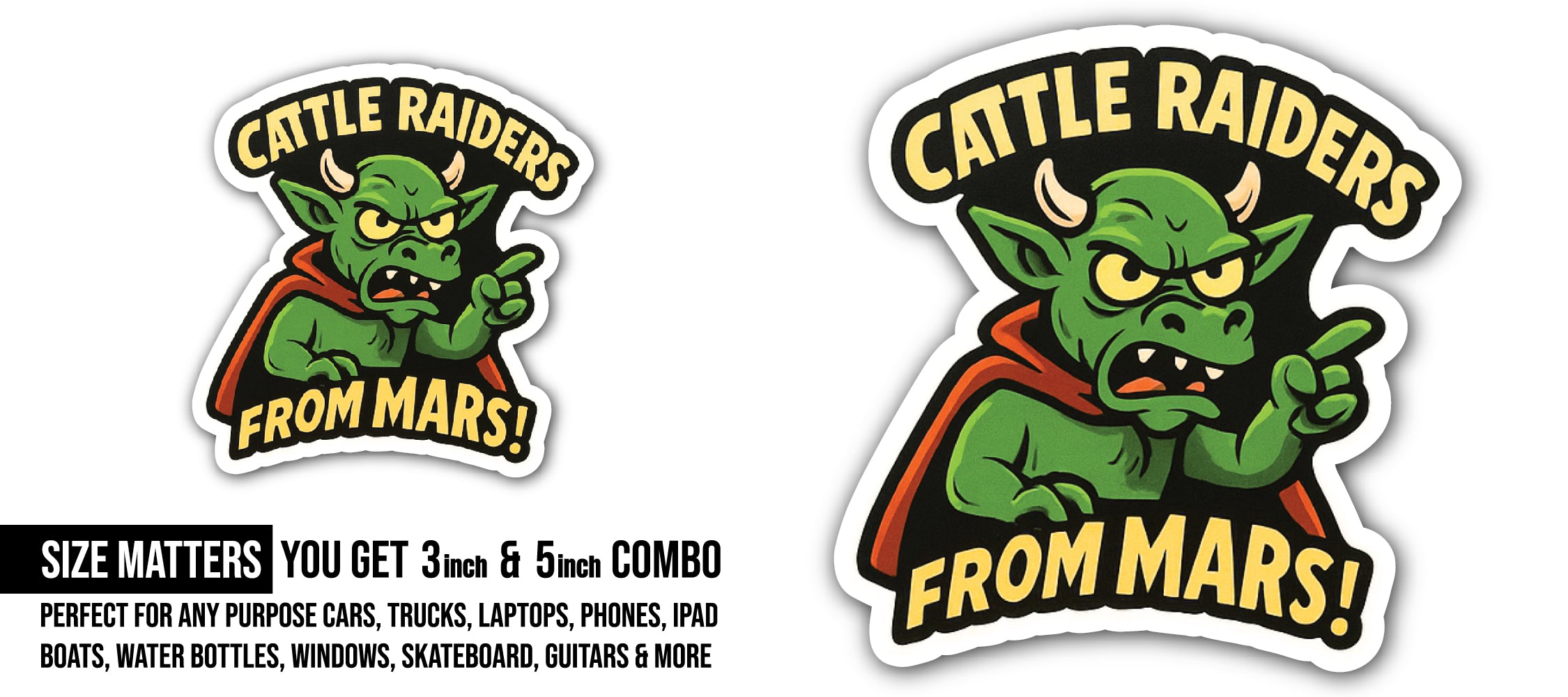 Green Monster Sticker, Waterproof Vinyl Decal Sticker Indoor Or Outdoor 2 (Pieces) 3" and 5"