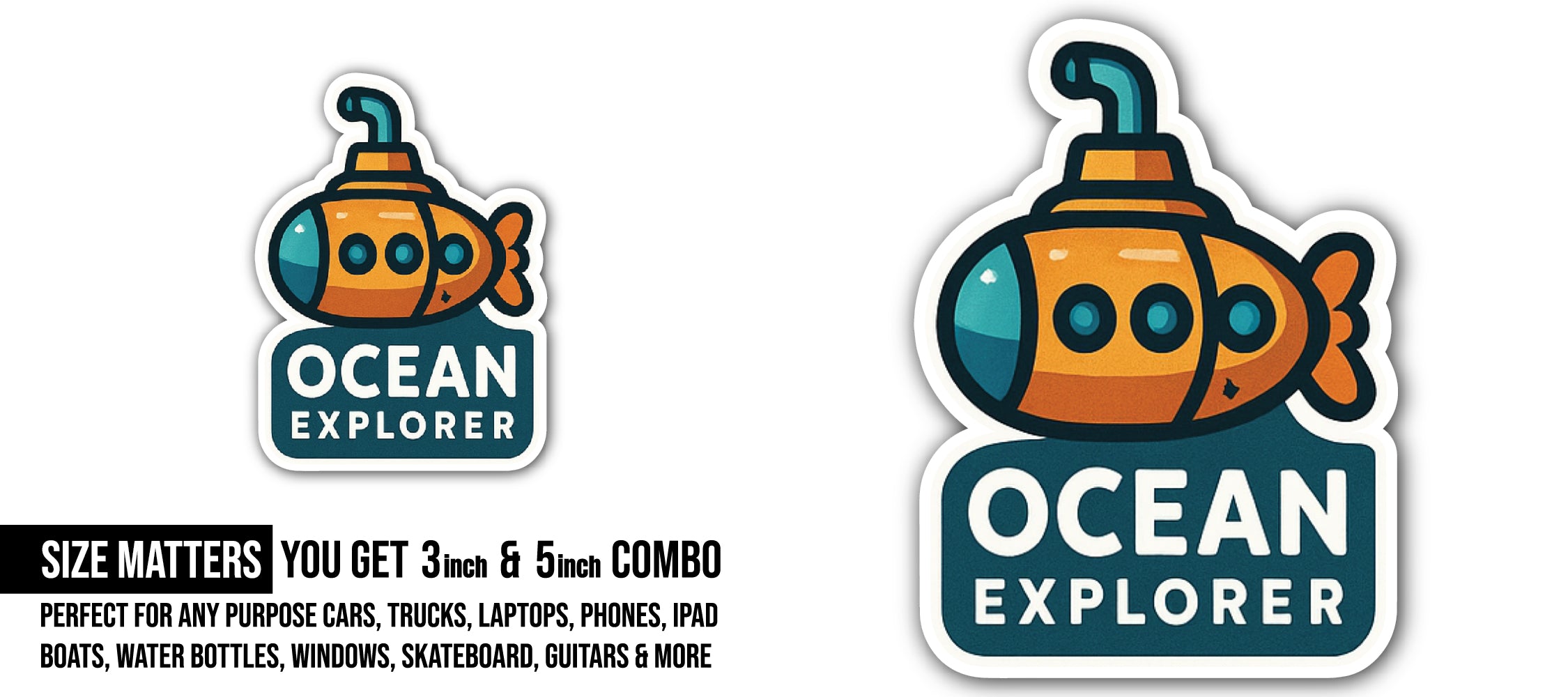 Ocean Explorer Sticker, Waterproof Vinyl Decal Sticker Indoor Or Outdoor 2 (Pieces) 3" and 5"