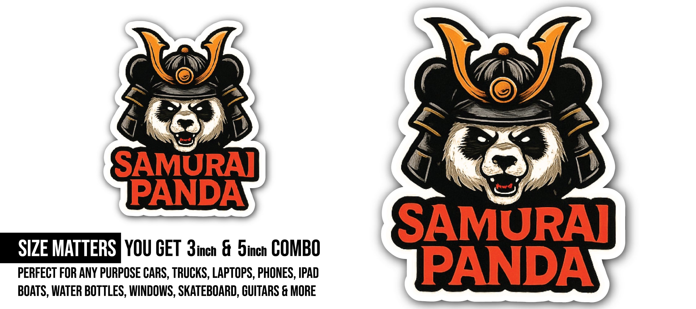 Samurai Panda Sticker, Waterproof Vinyl Decal Sticker Indoor Or Outdoor 2 (Pieces) 3" and 5"