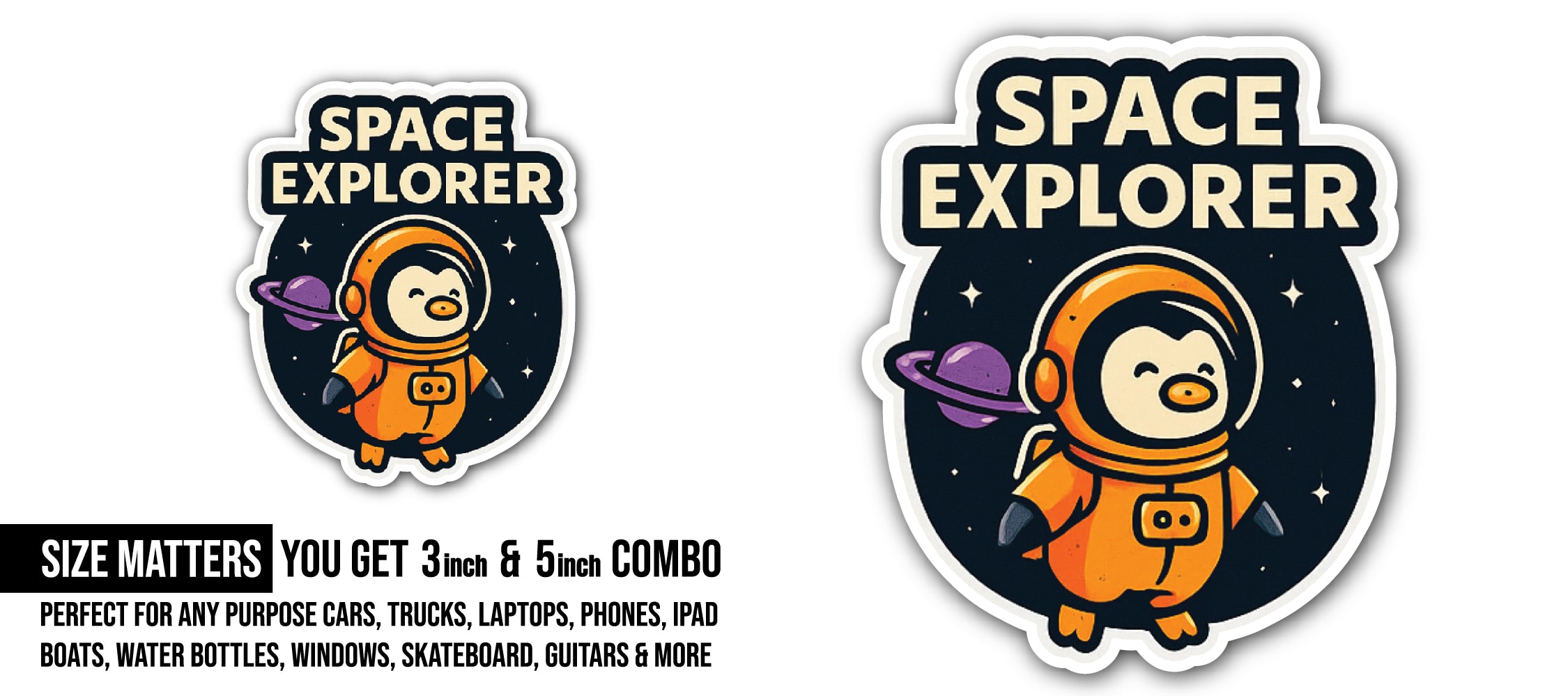Space Explorer Sticker, Waterproof Vinyl Decal Sticker Indoor Or Outdoor 2 (Pieces) 3" and 5"