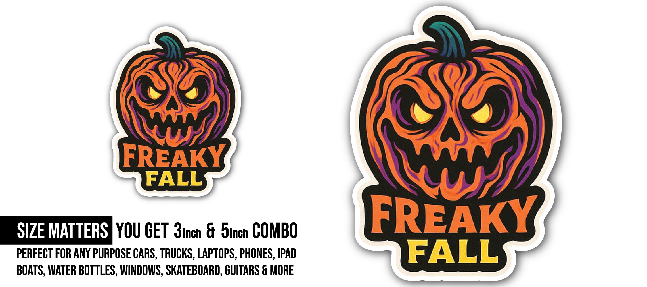 Smiling Pumpkin Halloween Sticker, Waterproof Vinyl Decal Sticker Indoor Or Outdoor 2 (Pieces) 3" and 5"